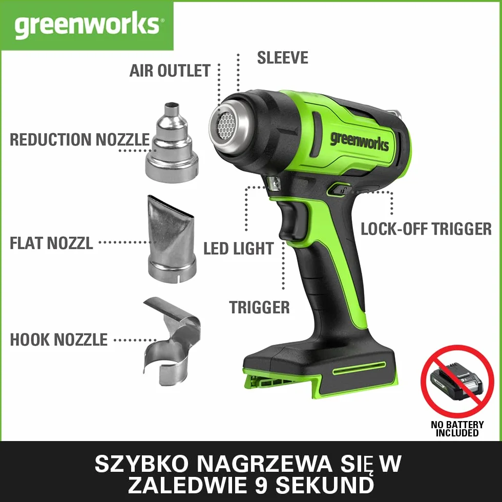 Greenworks G24HG Opalarka na Baterię, Szybkie Nagrzewanie w 9 Sekund, 200 l/min 2 Prędkości Wentylatora, BEZ Baterii 24V i Ładowarki