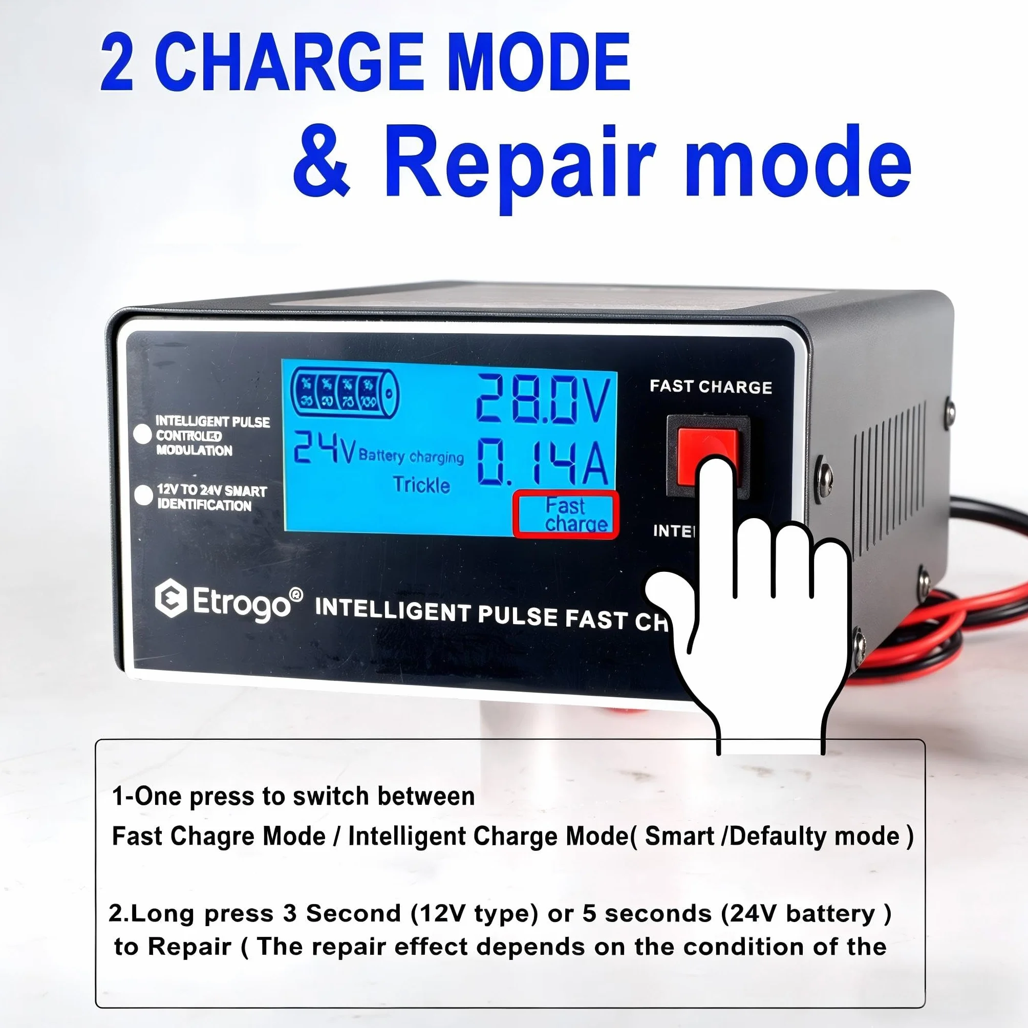 Etrogo Ładowarka do akumulatorów samochodowych 12 V/24 V 250 W 10 A Inteligentne ładowanie impulsowe z automatyczną rozpoznawaniem Funkcja naprawy i konserwacji Czarny