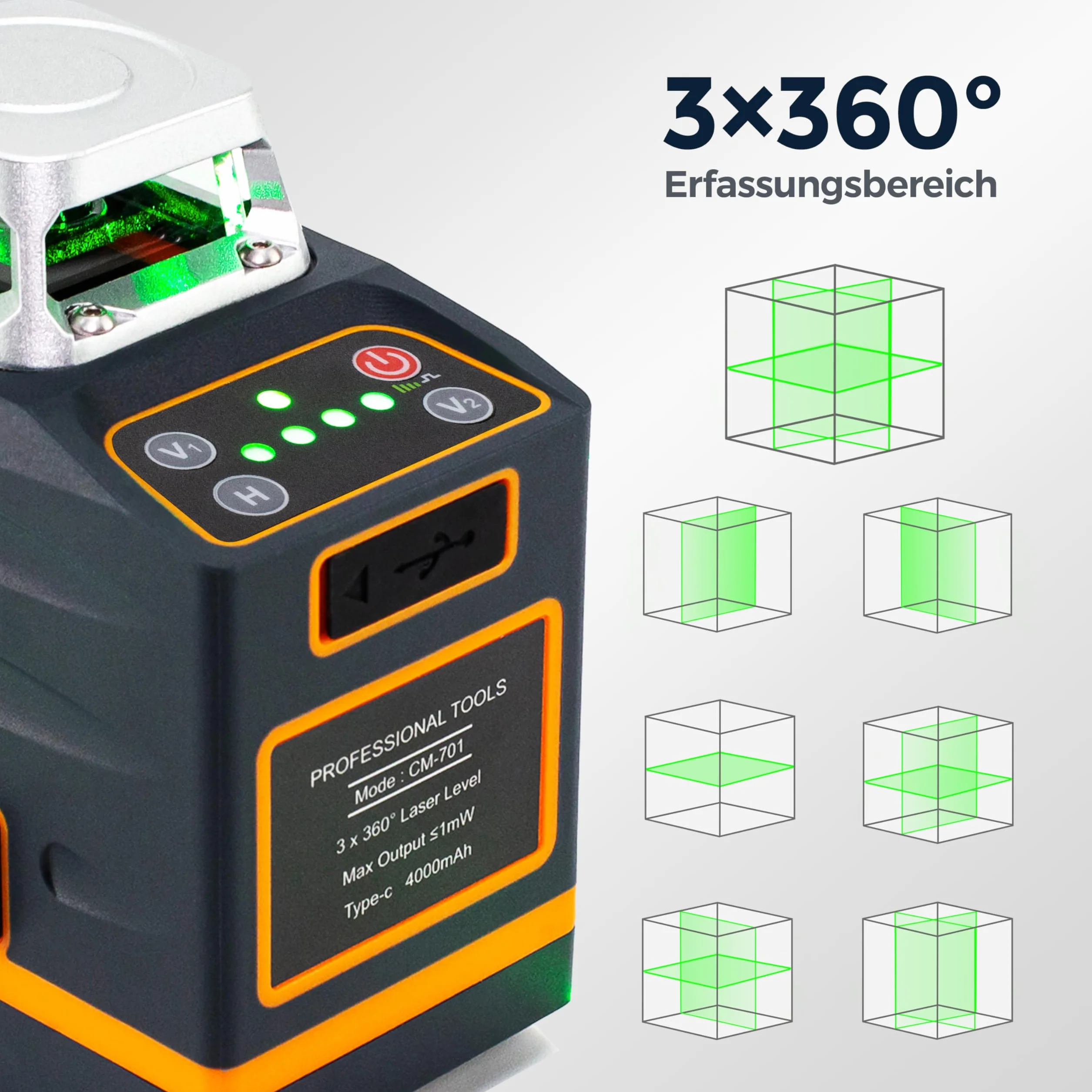 CIGMAN 3x360 ° zielony poziom lasera, samopoziomujący poziom lasera, zasięg roboczy: 30m, z pilotem, uchwytem magnetycznym, obrotową podstawą 360 °, wbudowany akumulator litowo-jonowy