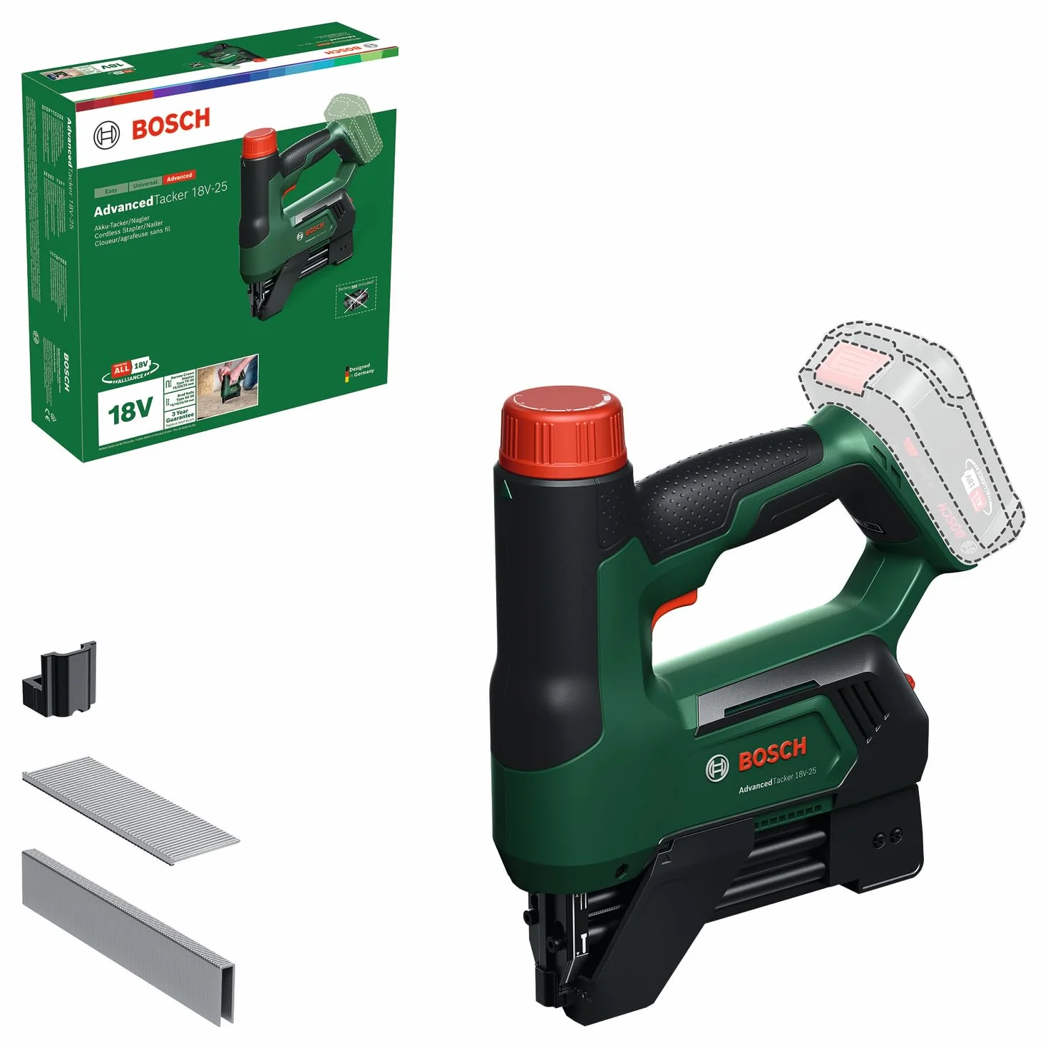 Bosch 18V System Akumulatorowy zszywacz/gwoździarka AdvancedTacker 18V-25 (narzędzie typu do zszywania i wbijania gwoździ, zszywki, gwoździe, element dystansowy, osłona noska z prowadnikiem drutu)