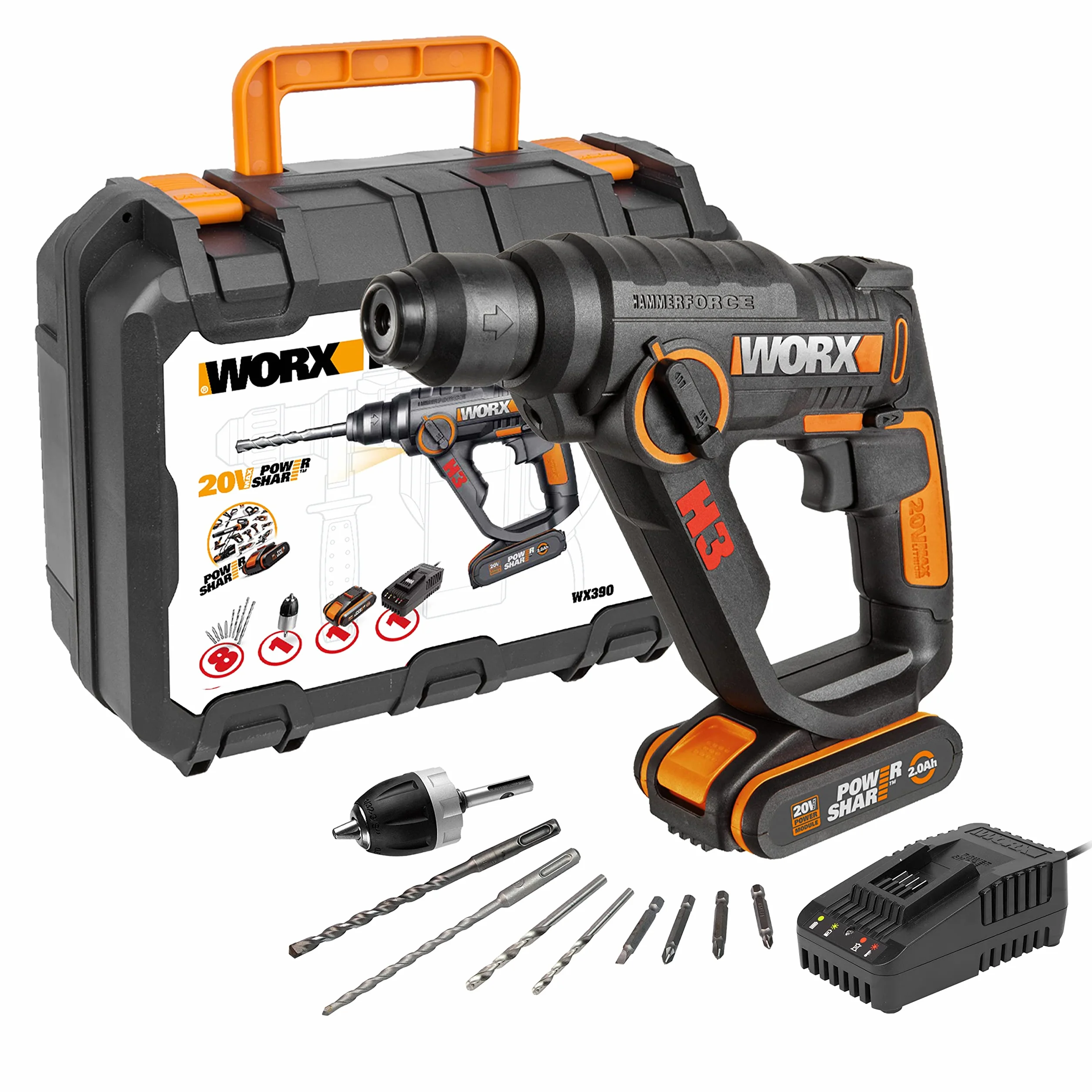 WORX WX390 SDS-plus młot udarowo-obrotowy – 20 V wiertarka z pneumatycznym mechanizmem młotkowym do wkręcania, wiercenia i młotkowania – energia uderzenia 1,2 J – z akumulatorem litowo-jonowym 2,0 Ah,