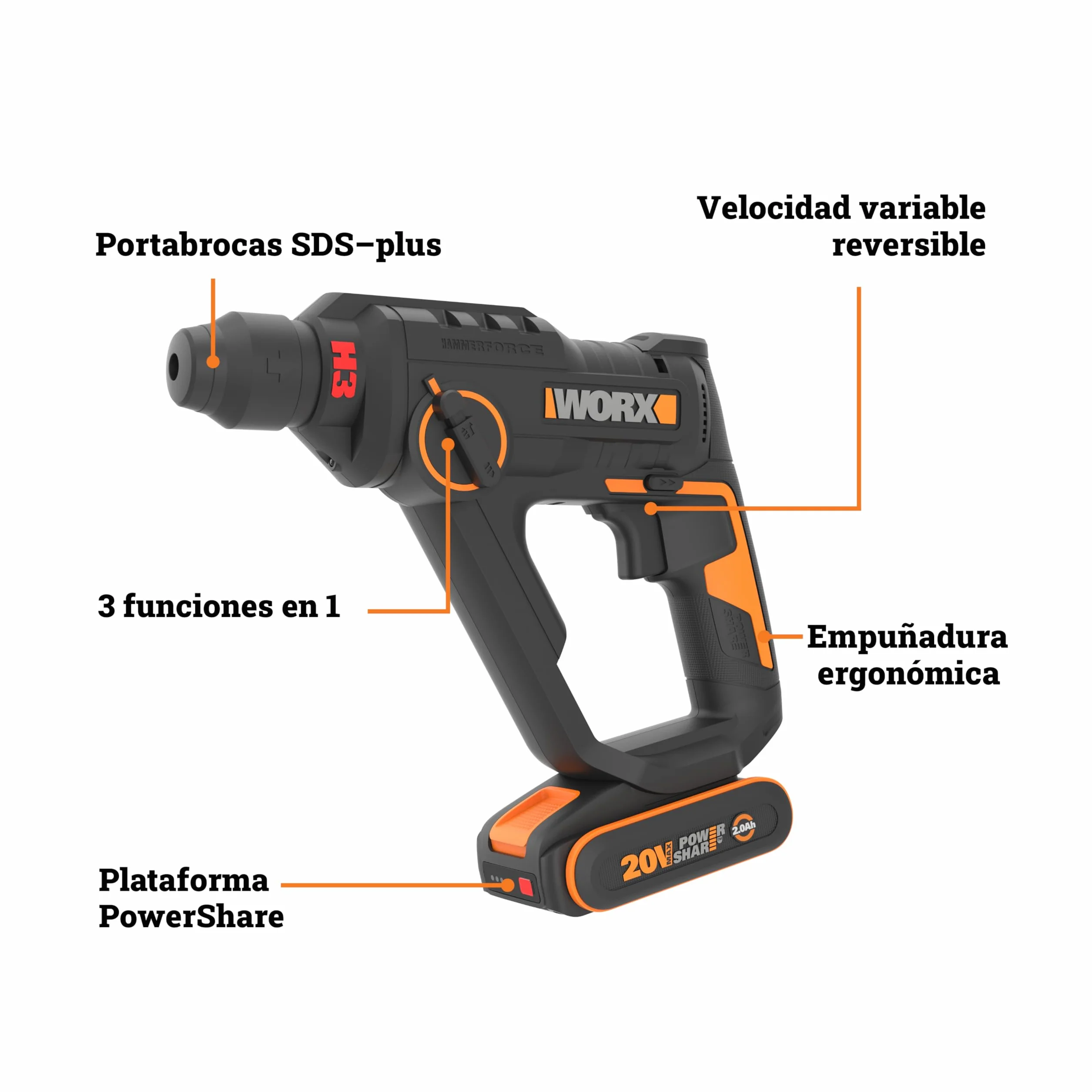 WORX Bezprzewodowy młot udarowy 20 V 1,2J WX391, szybkie wiercenie w betonie, 3 funkcje w 1, w zestawie 10 wierteł do betonu, drewna i metalu, akumulator 2Ah i szybka ładowarka 2 A w zestawie