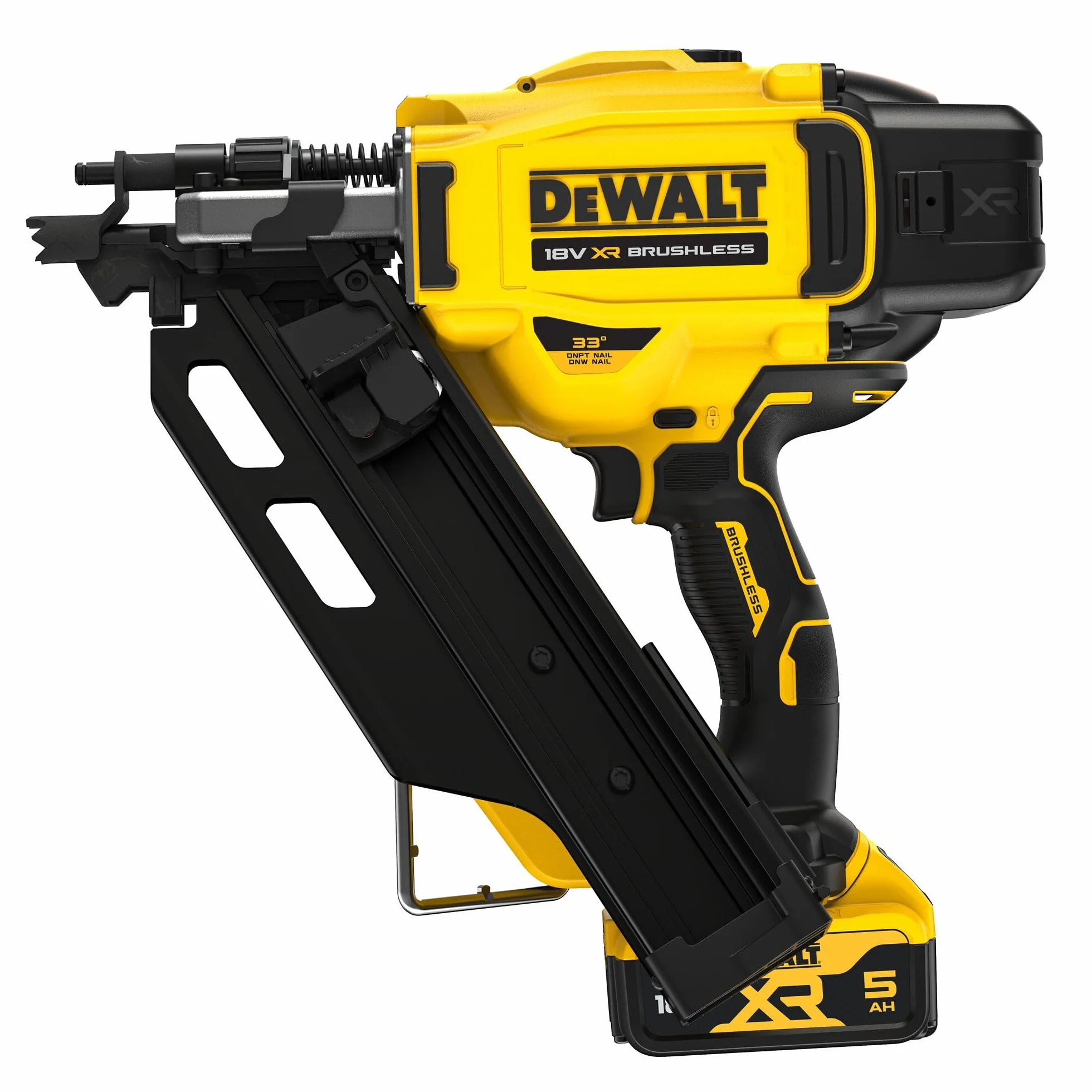 Dewalt 18 V DCN930P2 gwoździarka akumulatorowa (90 mm) (do powszechnie stosowanych gwoździ z głowicą D i papierem, kąt magazynka 30°-34°, 2 x 18 V/5 Ah akumulatory litowo-jonowe i ładowarka, walizka