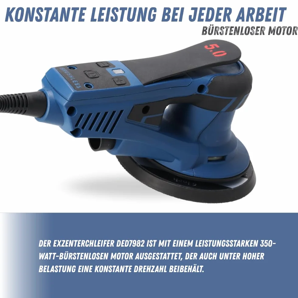 Szlifierka mimośrodowa DEDRA 350 W, Ø 150 mm – bezszczotkowa, regulowana prędkość obrotowa 4000-10000 obr./min, odsysanie pyłu, ergonomiczny design z miękkim uchwytem, w zestawie zestaw akcesoriów