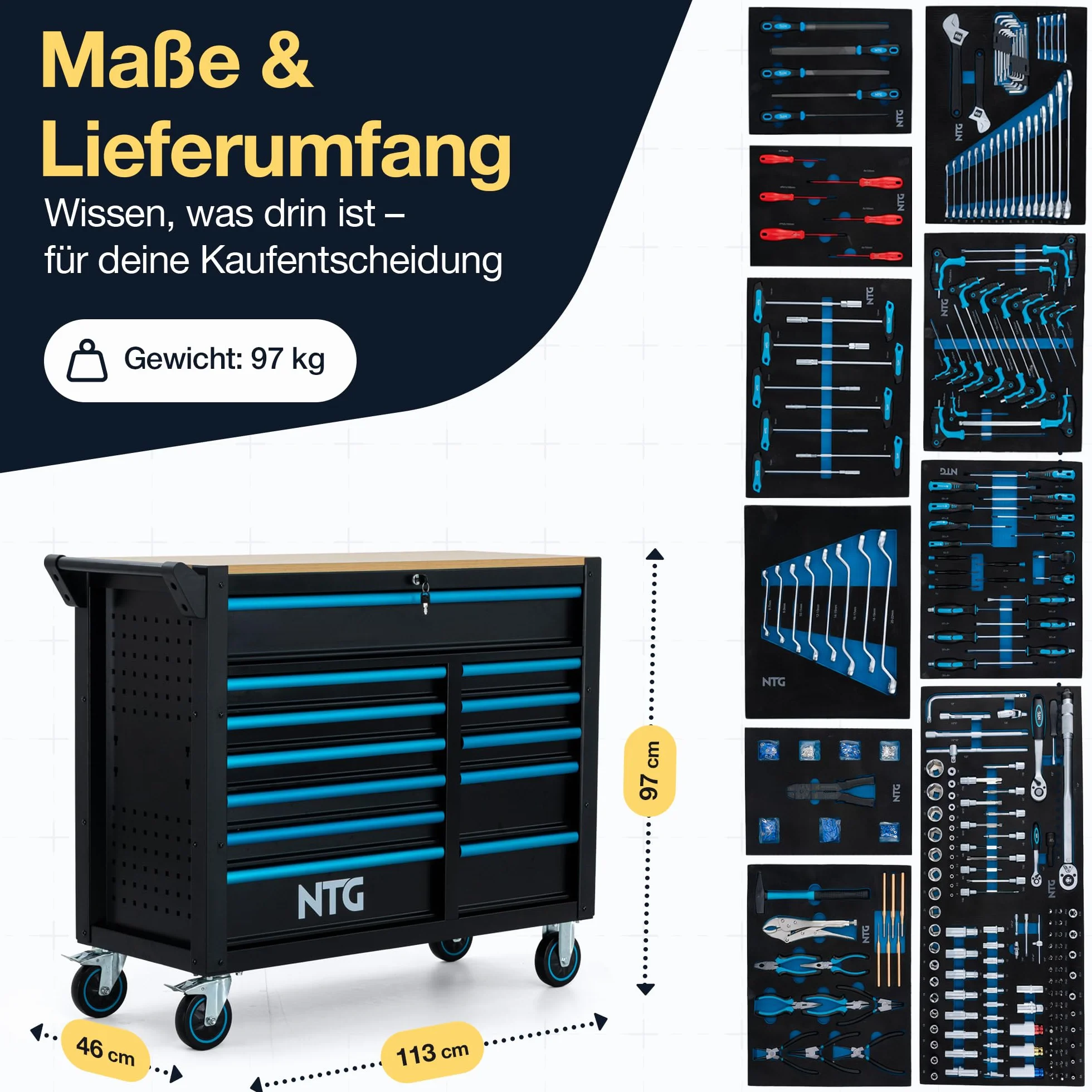 NTG Wózek narzędziowy XXL – 471-częściowy z wyposażeniem – 12 szuflad z drewnianym blatem roboczym, zamykany, mobilny na kółkach, profesjonalny wózek warsztatowy z metalu, do garażu i warsztatu