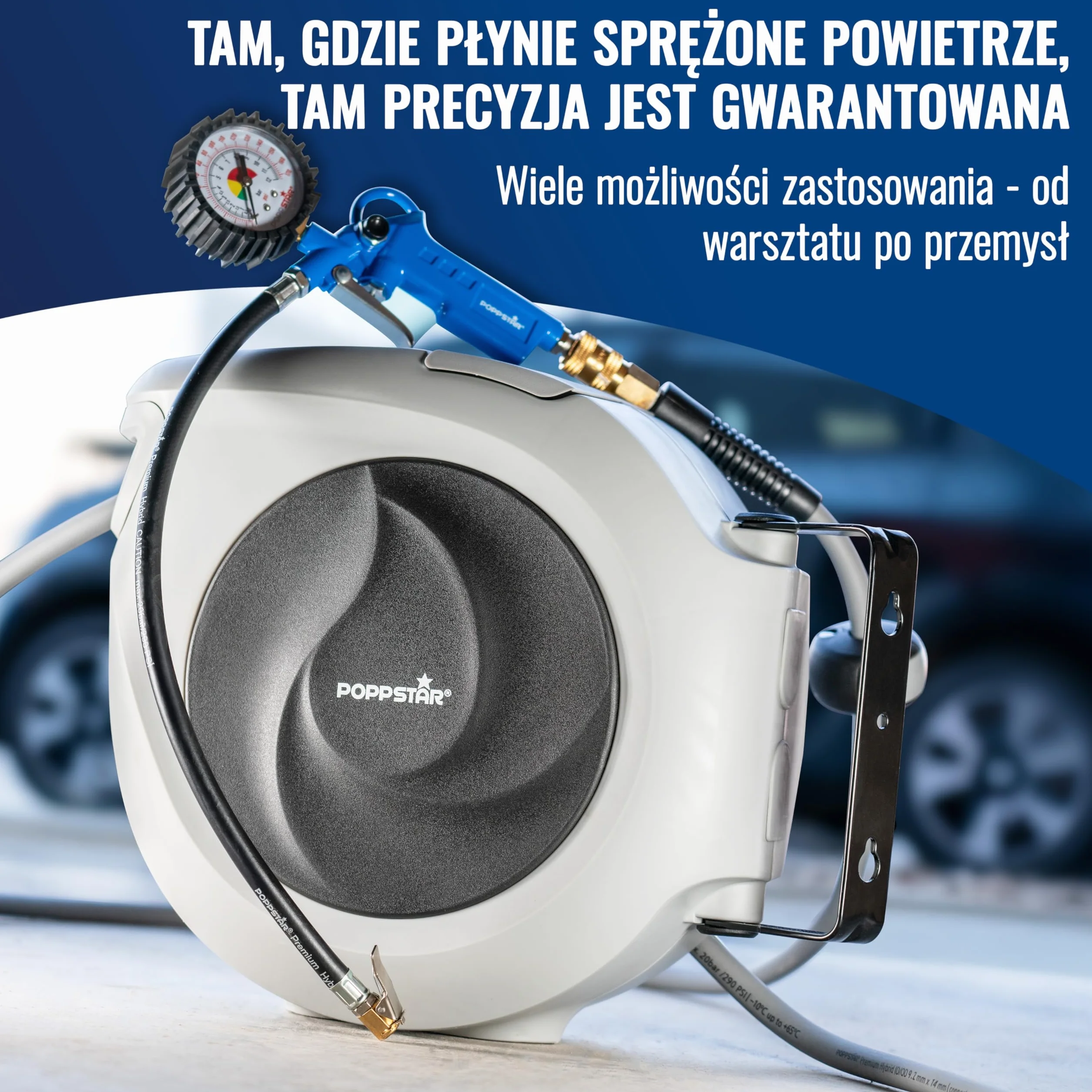 Poppstar wąż pneumatyczny zwijany (15m+1,1m, średnica 3/8"(9,2x14mm) szybkozłączka 1/4" BSPT) automatyczny zwijacz węża pneumatycznego