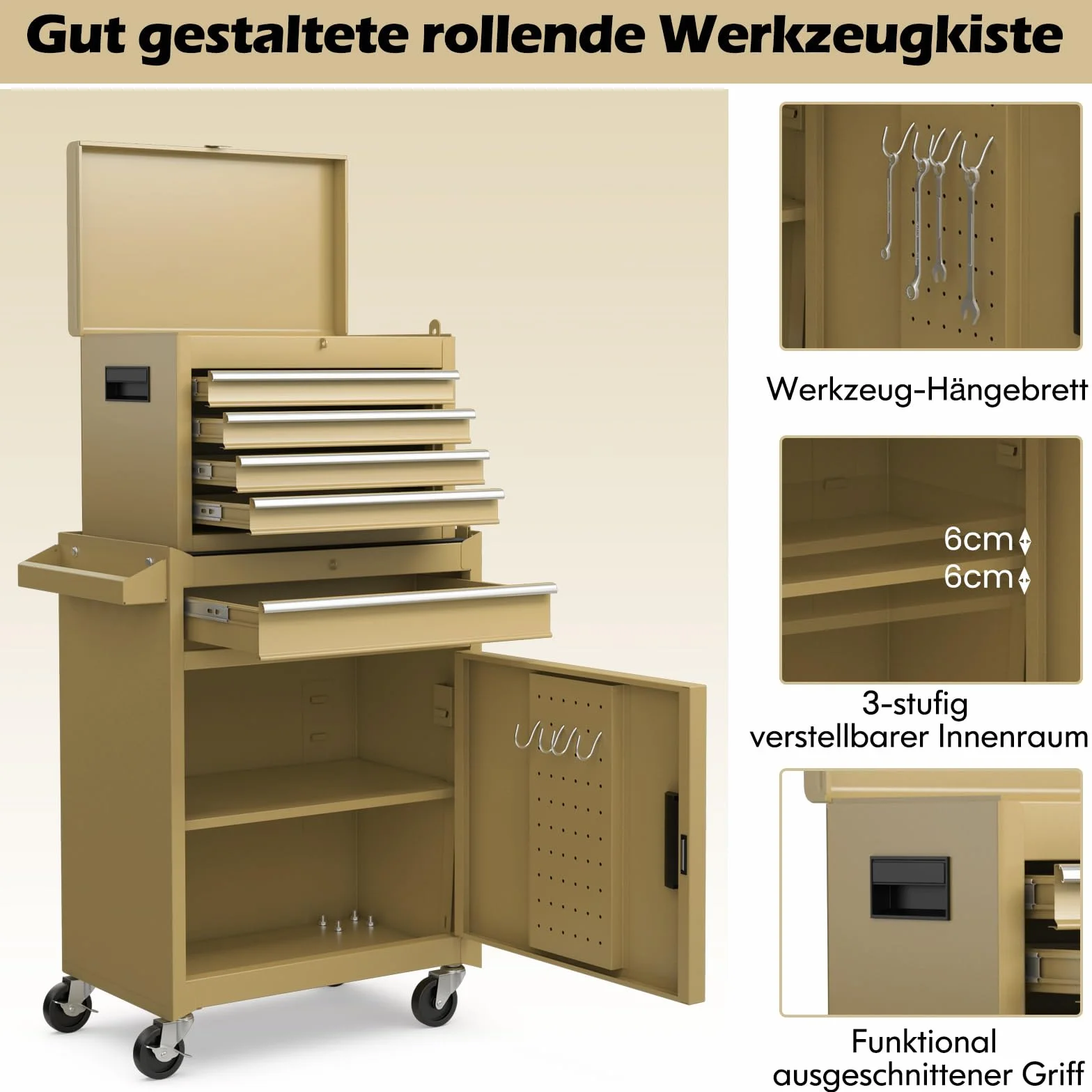 COSTWAY 2 w 1 wózek warsztatowy, w zestawie z walizką i 8 półkami oraz hakami i regulowanym regałem, zamykany wózek narzędziowy na kółkach bez narzędzi, profesjonalny wózek warsztatowy z metalu