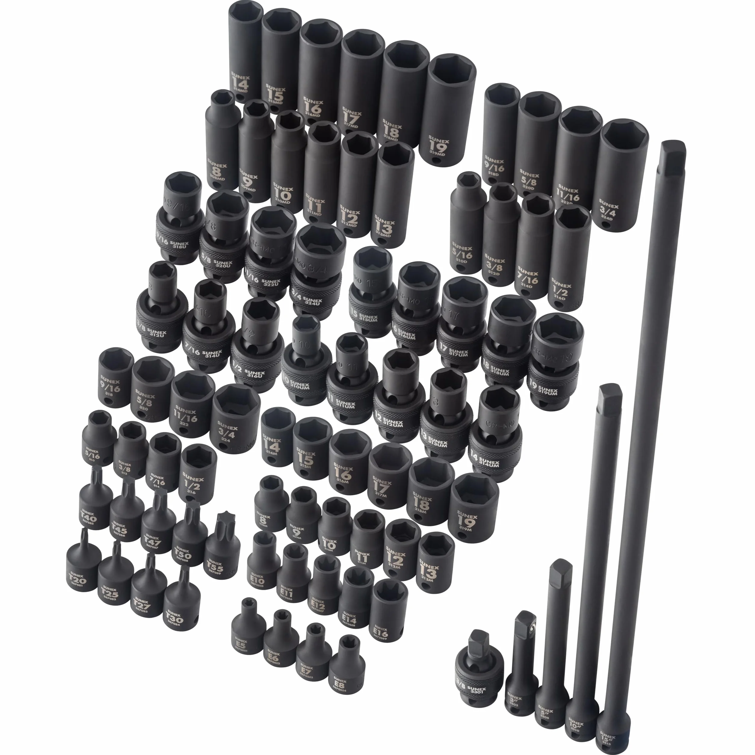 Sunex - Zestaw 80 nasadek udarowych 9 mm, SAE/metrycznych, 8-19 mm, stal Cr-Mo, kąt promieniowy, wytrzymała obudowa