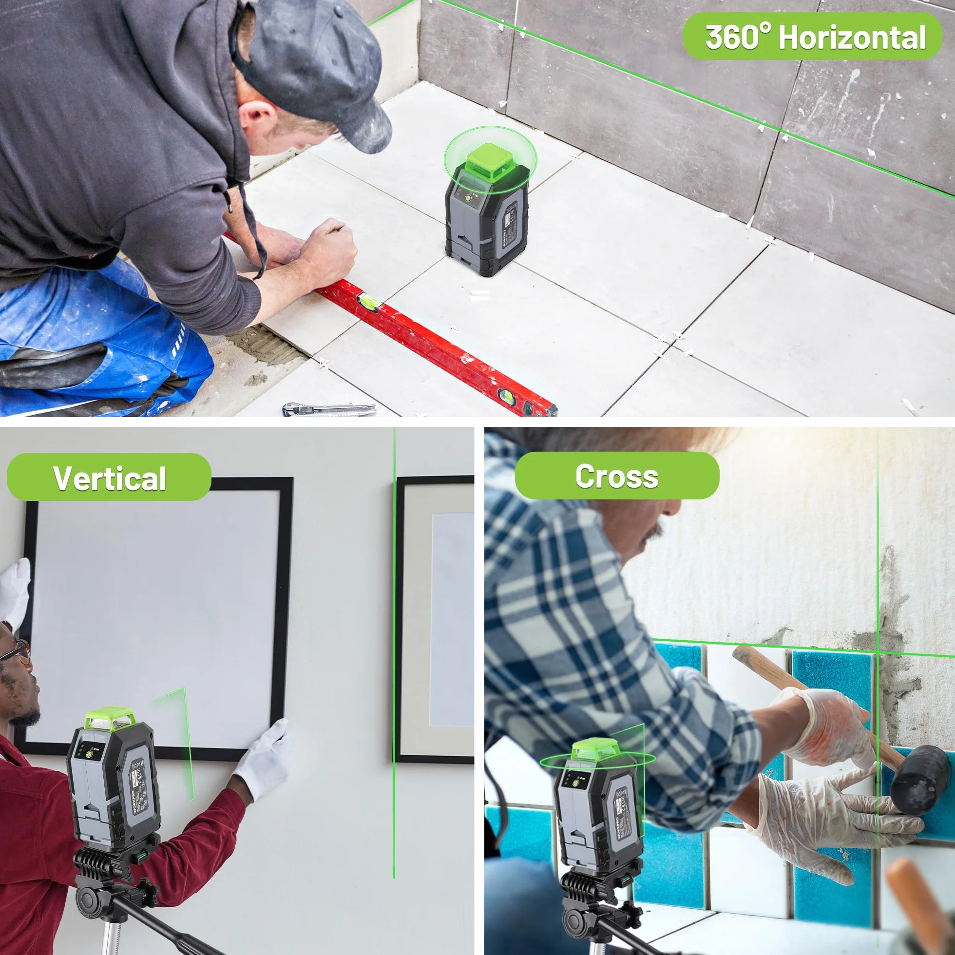 WORKPRO Poziomica Laserowa 360° z Statywem, Zielony Laser Krzyżowy 30 m, Tryb Poziomy/Pionowy/Krzyżowy, Automatyczne Poziomowanie, Idealna Do Placów Budowy