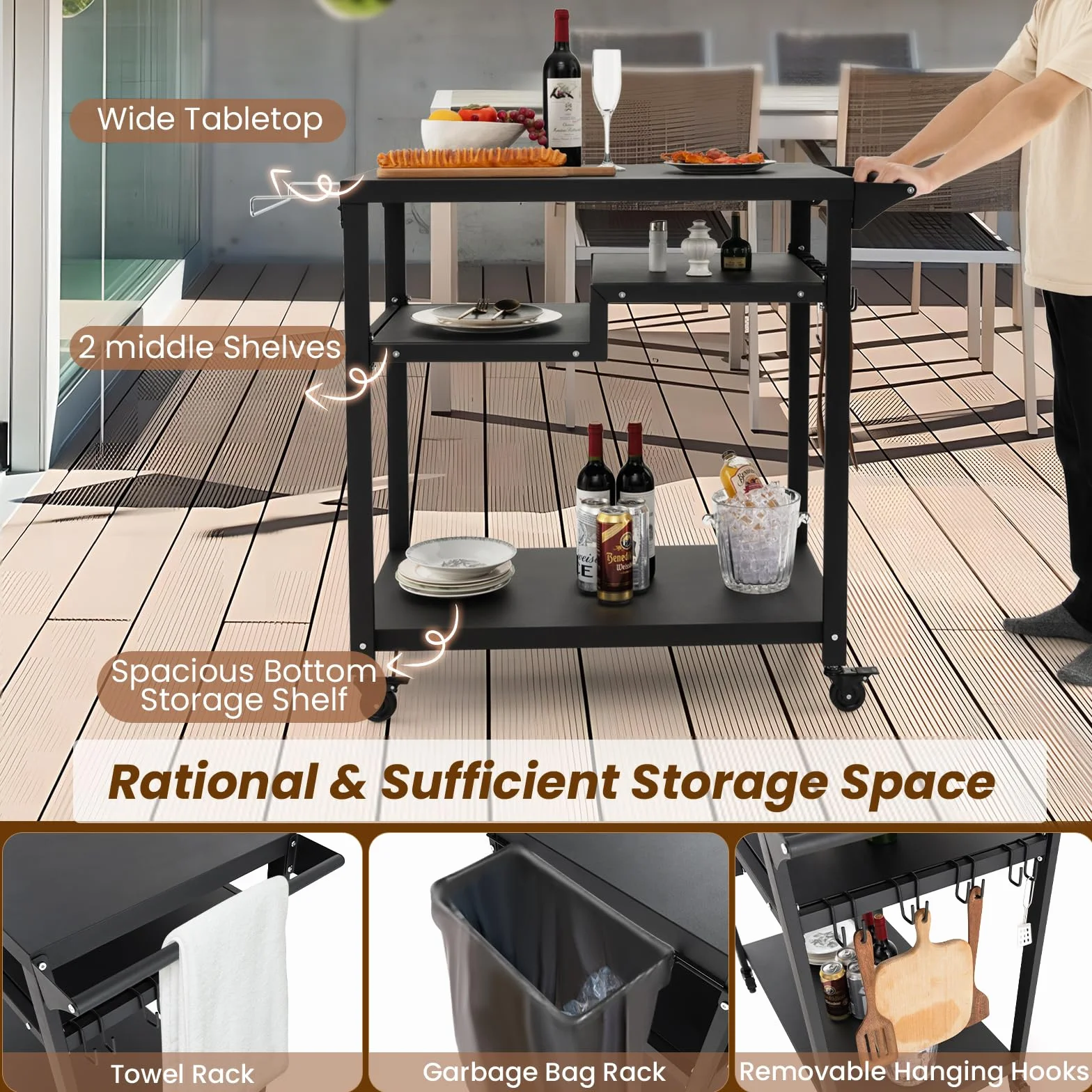 KOMFOTTEU Metalowy wózek do serwowania, wózek ogrodowy ze stołem roboczym, 4 półki i uchwyt, stół do grillowania, grill na kółkach, w zestawie 6 haczyków i uchwytów na worki na śmieci, wózek kuchenny