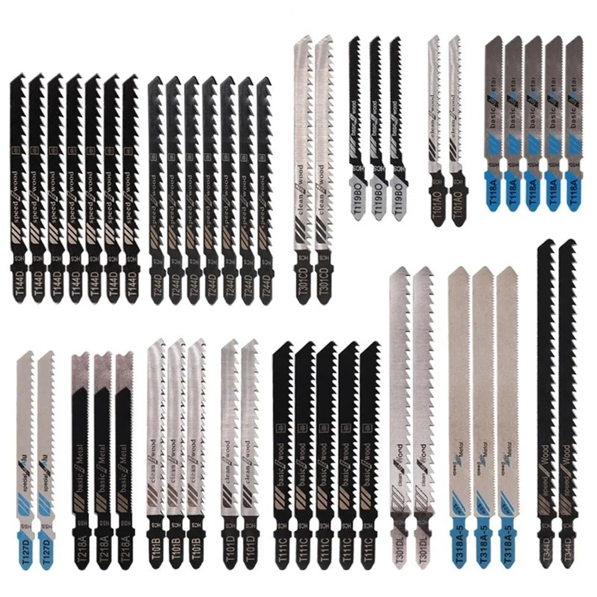10/20/35/48Pcs T-Shaft Jigsaw Blades HCS Assorted Jig Saw Blades For Wood Plastic Metal Cutting T119B T111C T218A T118A T118B(48 pcs)