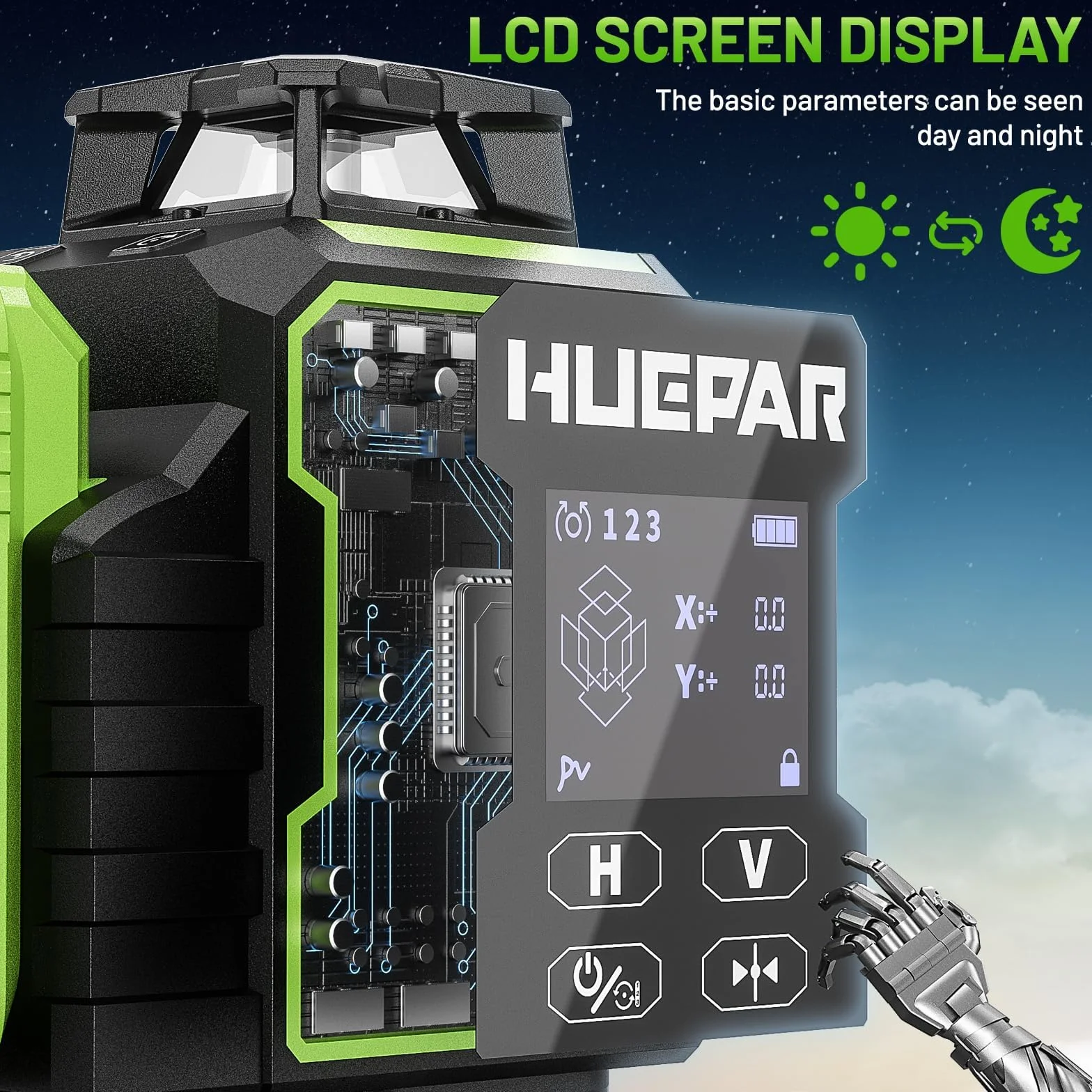 Huepar 2024 Nowa edycja W04CG Poziomica laserowa 4D, Poziomica laserowa z wyświetlaczem LCD z obrotową podstawą silnika, Samopoziomujący laser krzyżowy 360° - Pilot Bluetooth, Tryb impulsowy