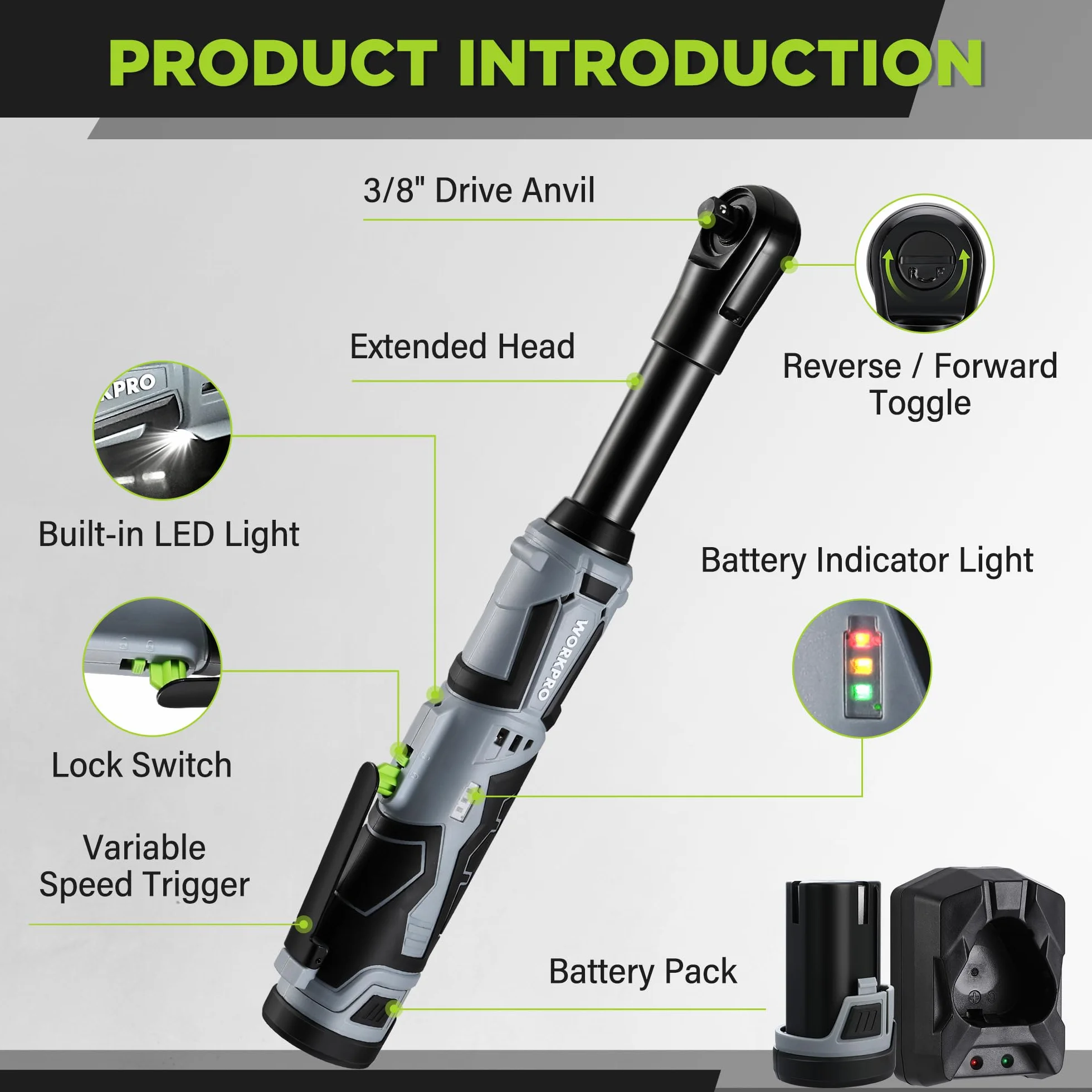 WORKPRO Akumulatorowy klucz zapadkowy 12 V 55 Nm, z 2 akumulatorami 2,0 Ah, zestaw 10 kluczy nasadowych 3/8", światło LED, torba