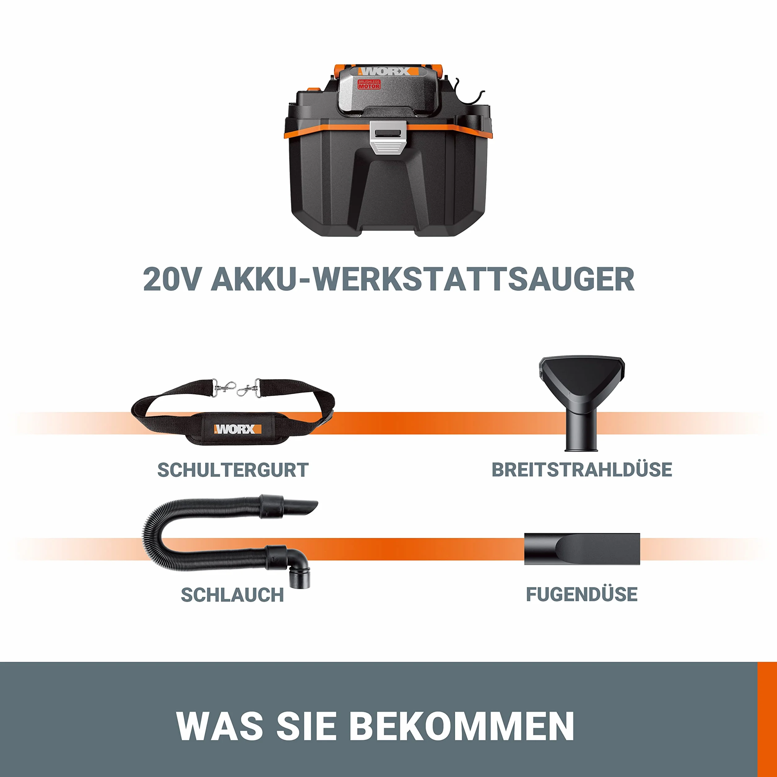 WORX WX031.9 Akumulatorowy odkurzacz do pracy na mokro i na sucho - przenośny i poręczny - 20 V - z dyszą szczelinową i szerokostrą końcówką - bez akumulatora i ładowarki, Czarny/Pomarańczowy