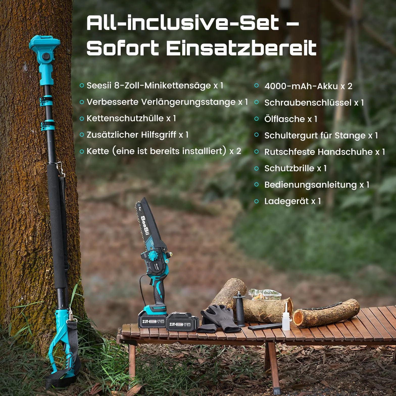 SEESII PS810 2 w 1 akumulator, bezszczotkowa mini piła łańcuchowa 2 x 4,0 Ah, zasięg 4,87 m, sekator elektryczny do przycinania drzew i cięcia drewna