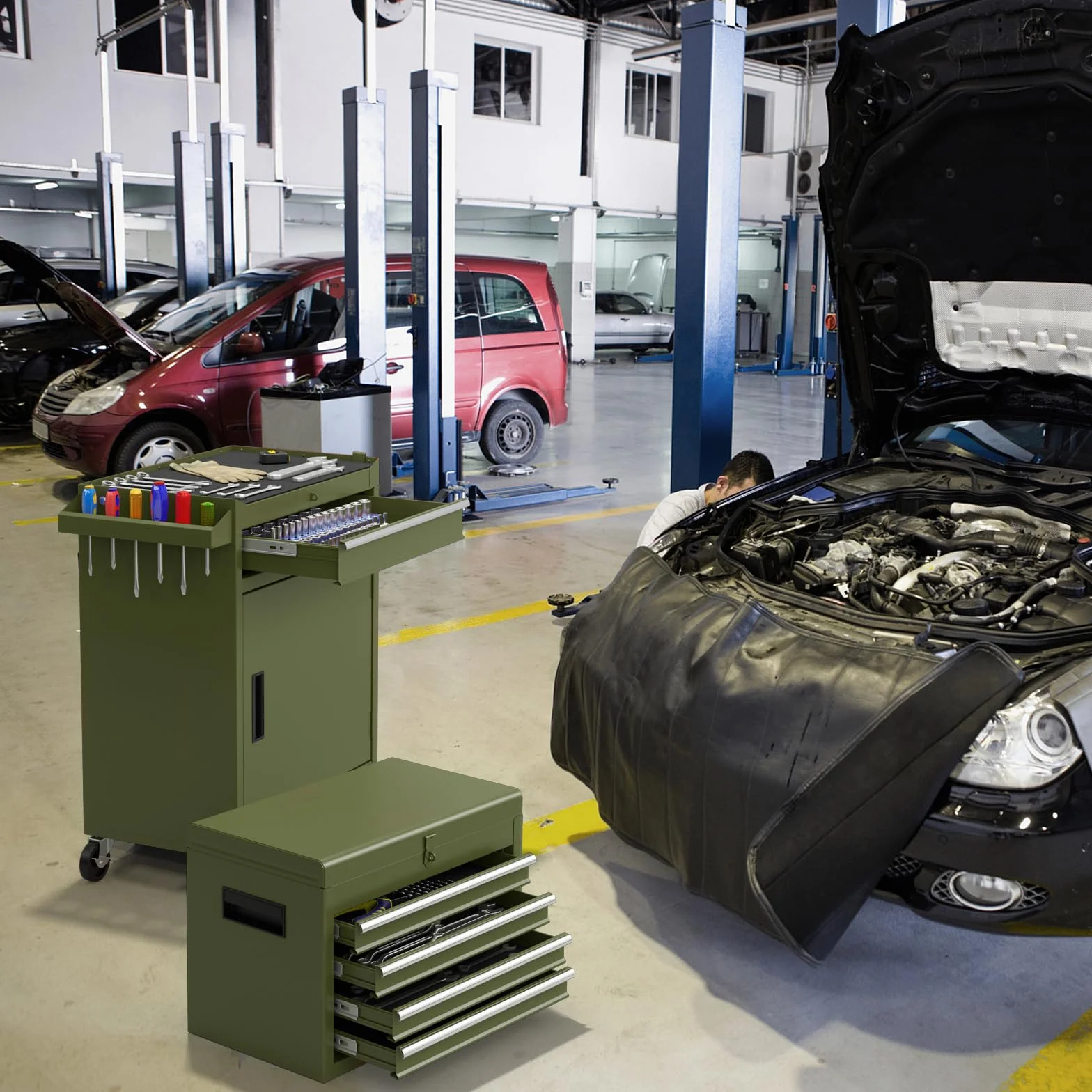 COSTWAY Wózek warsztatowy 2 w 1 z walizką i 8 półkami, metalowy, udźwig 100 kg, zamykany na kółkach