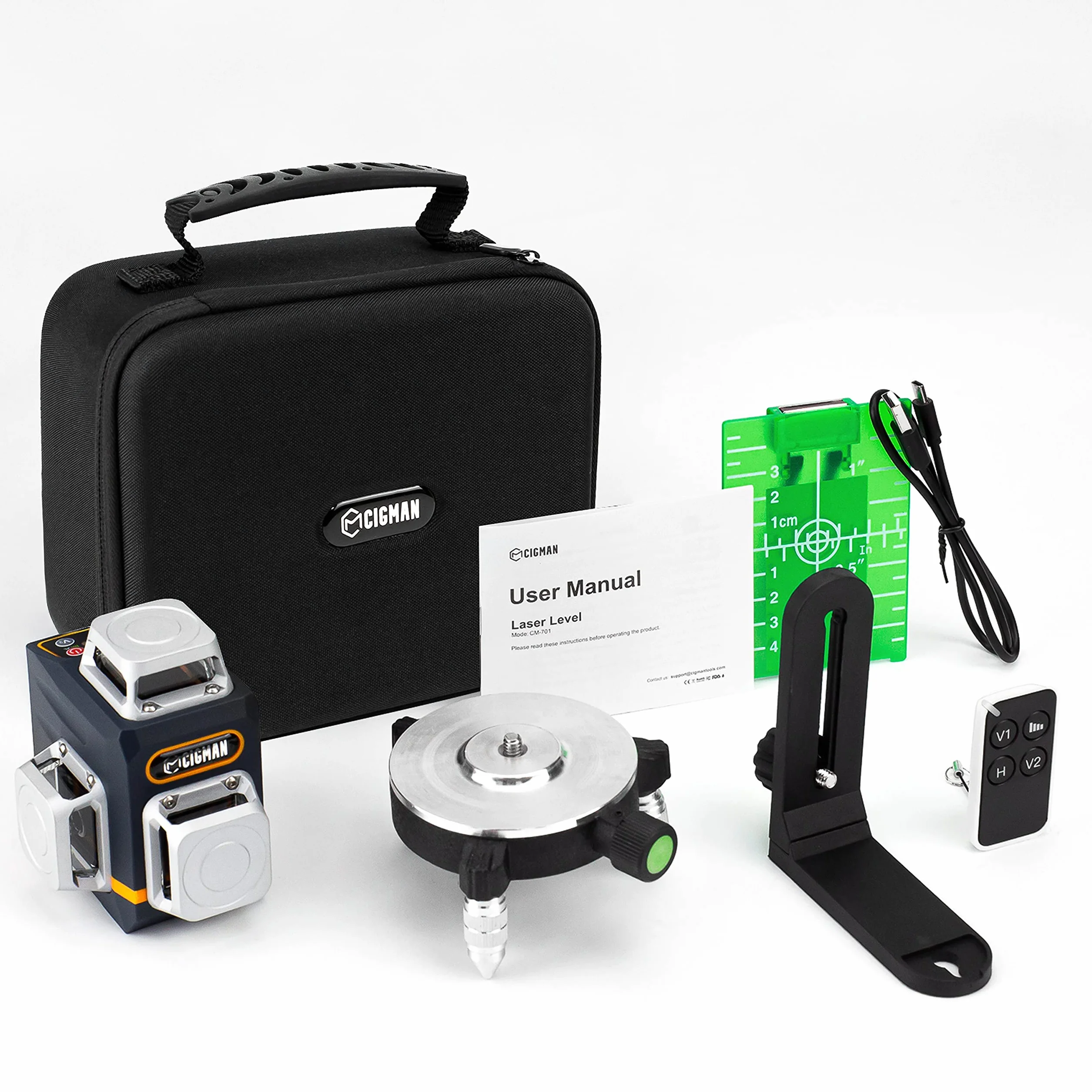 CIGMAN 3x360 ° zielony poziom lasera, samopoziomujący poziom lasera, zasięg roboczy: 30m, z pilotem, uchwytem magnetycznym, obrotową podstawą 360 °, wbudowany akumulator litowo-jonowy