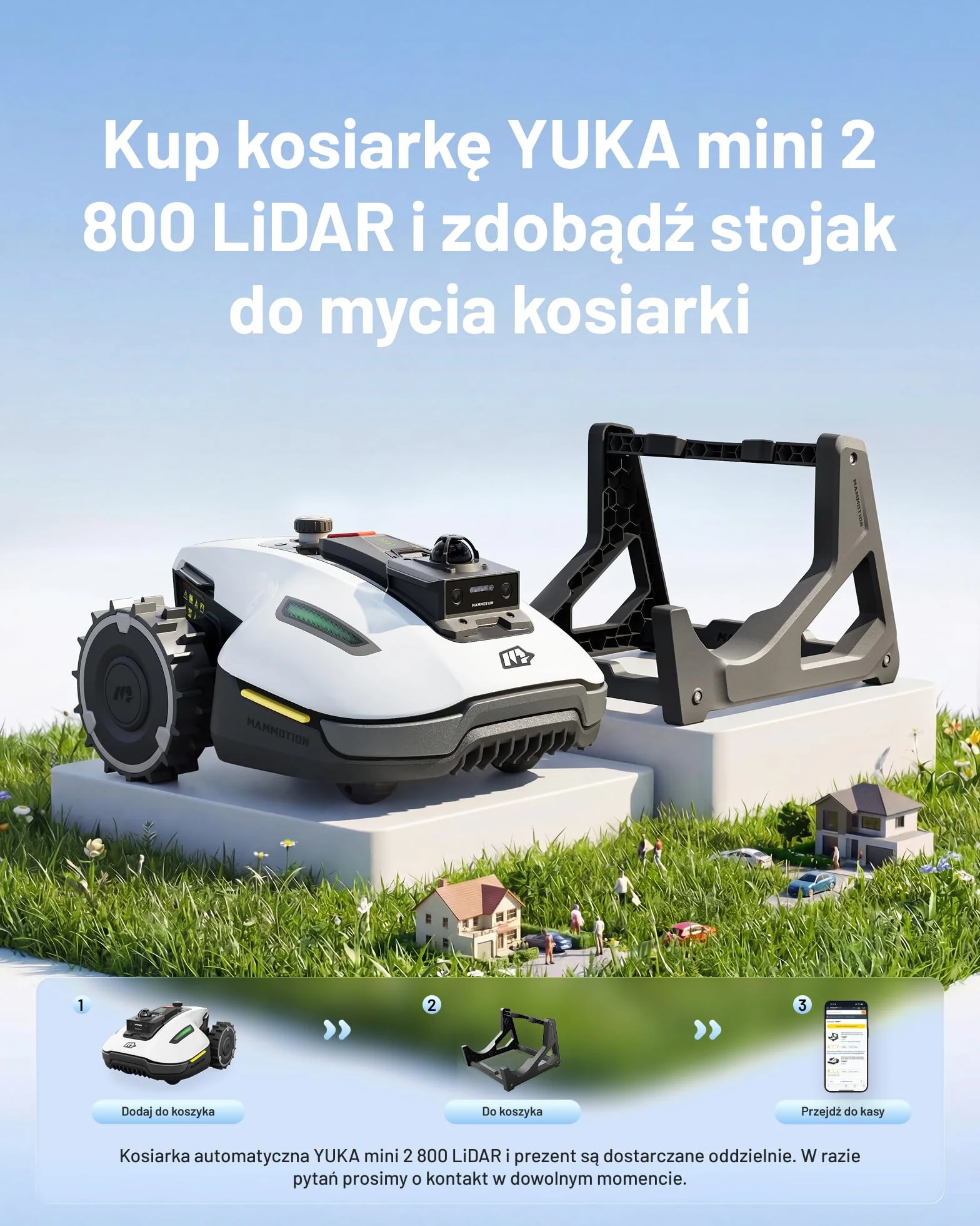 MAMMOTION YUKA mini 2 800 LiDAR Robot koszący bez przewodu obwodowego, rekomendowany 800 m³, LiDAR 360°+ AI Vision, rozpoznawanie ponad 300 przeszkód, DropMow, nachylenie 45%