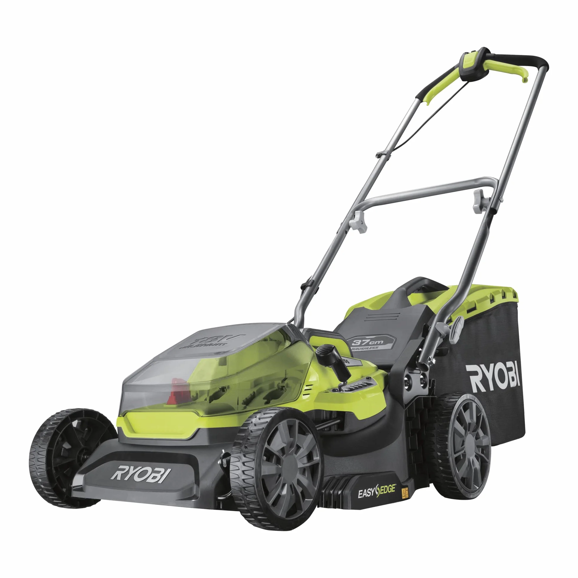Ryobi Bezszczotkowa Kosiarka 18V RY18LMX37A-0, 37 cm Szerokości Koszenia, 6-Pozycyjna Regulacja Wysokości Koszenia, Kosz 45 L, Easyedge, Wersja bez Akumulatora i Ładowarki