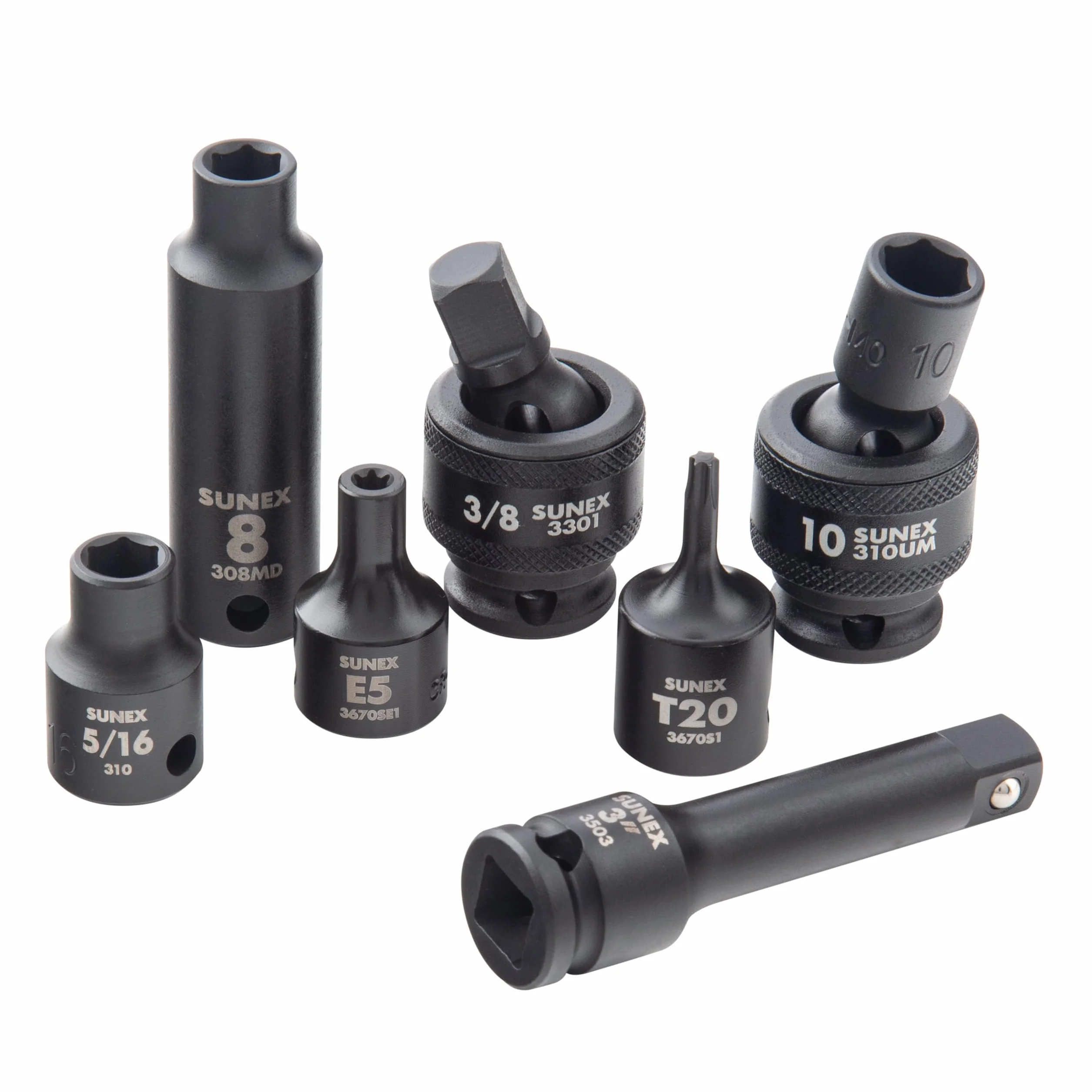 Sunex - Zestaw 80 nasadek udarowych 9 mm, SAE/metrycznych, 8-19 mm, stal Cr-Mo, kąt promieniowy, wytrzymała obudowa