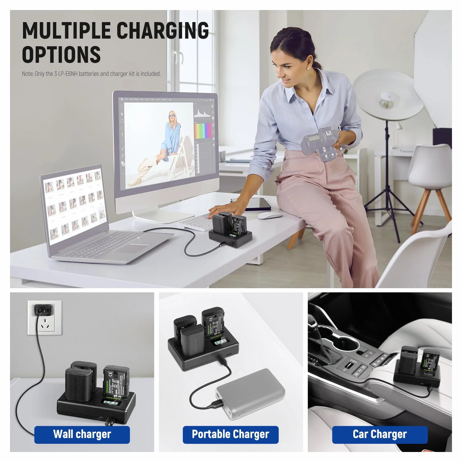 NEEWER LP-E6NH zestaw akumulatorów i ładowarki USB 3-pak 2250 mAh kompatybilny z Canon EOS R7 R5 R6 R6 II 5DIV 6DII 7DII