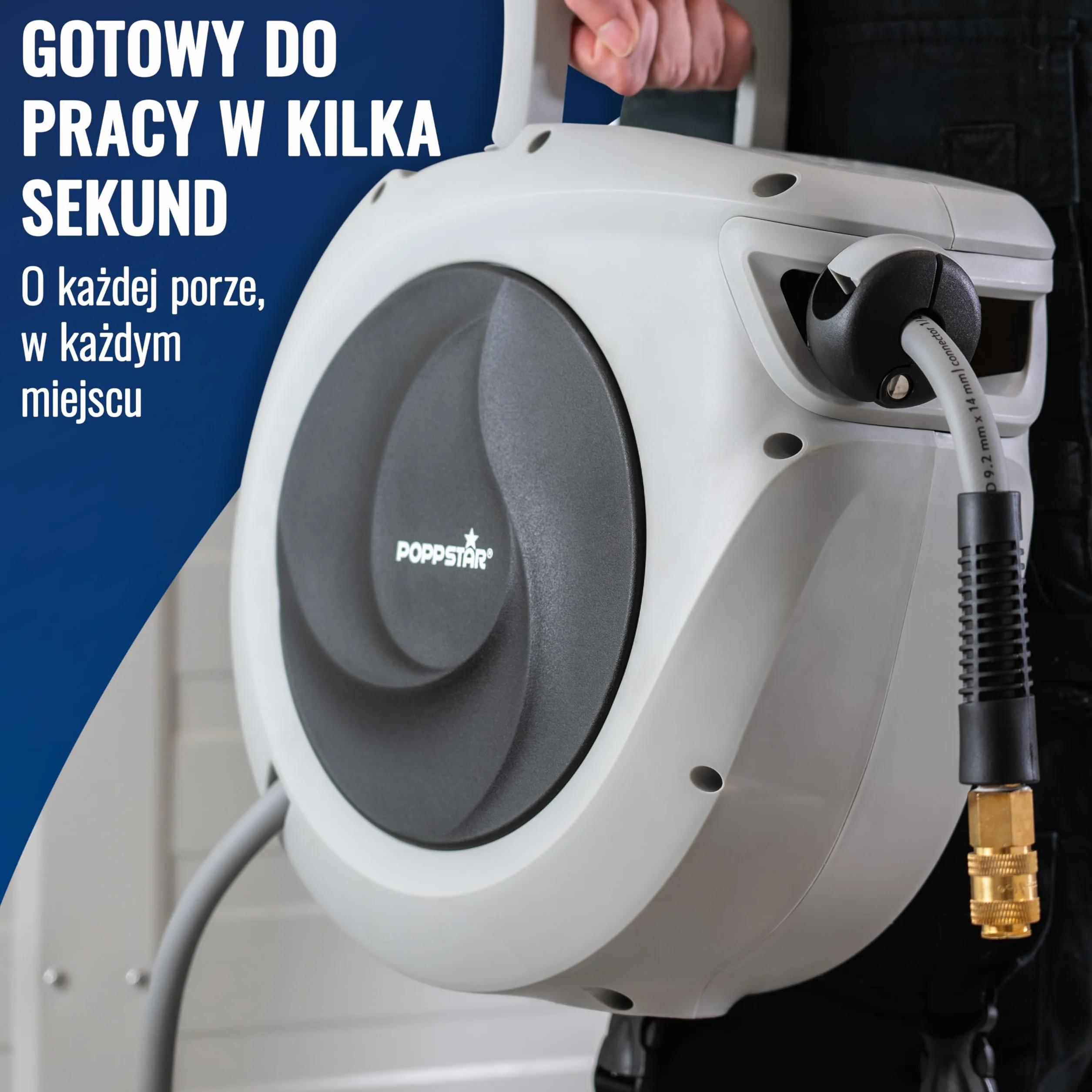Poppstar wąż pneumatyczny zwijany (15m+1,1m, średnica 3/8"(9,2x14mm) szybkozłączka 1/4" BSPT) automatyczny zwijacz węża pneumatycznego