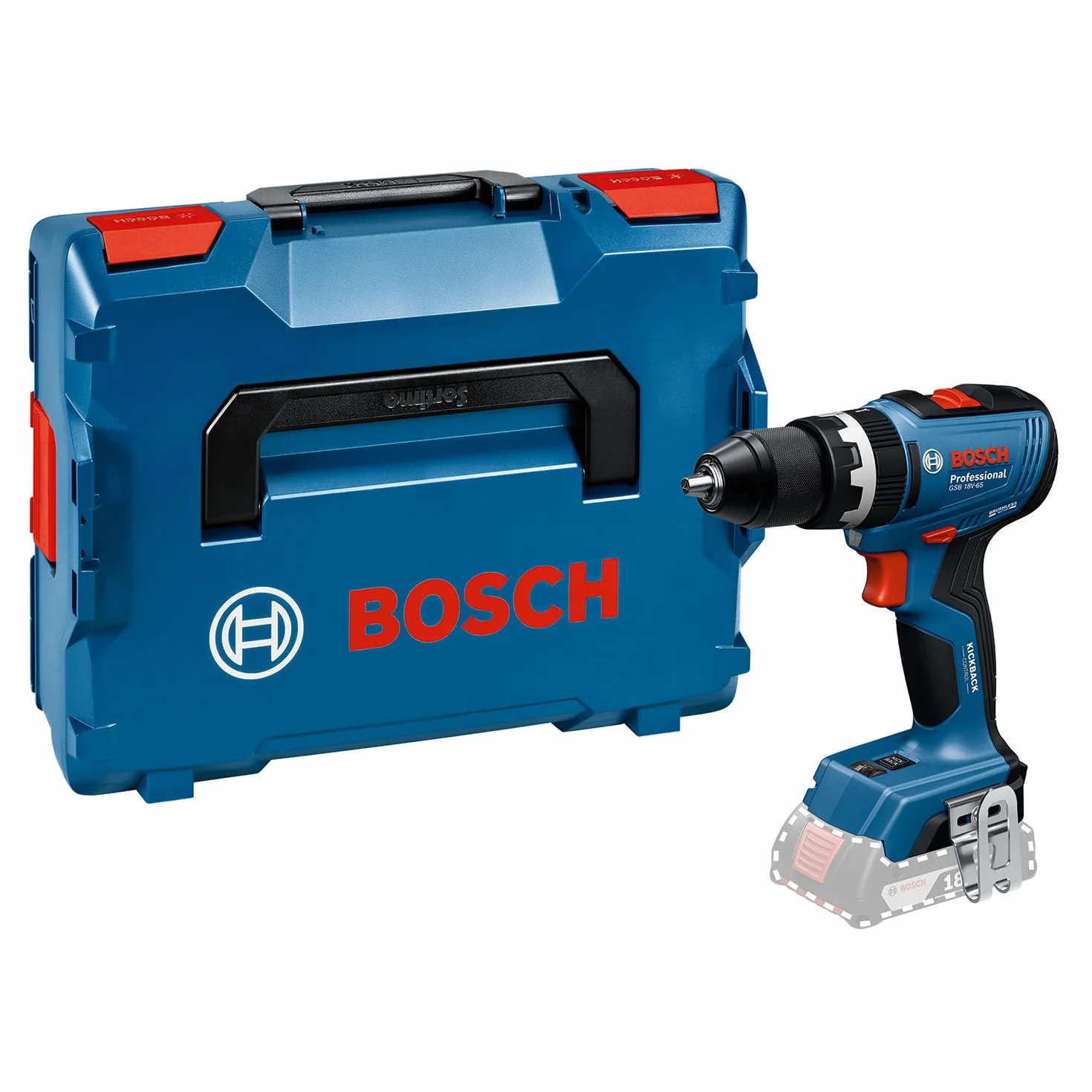 Bosch Professional 18 V firmy Bosch: wiertarko-wkrętarka akumulatorowa GSB 18V-65 (silnik bezszczotkowy, długość korpusu 175 mm, walizka L-BOXX)
