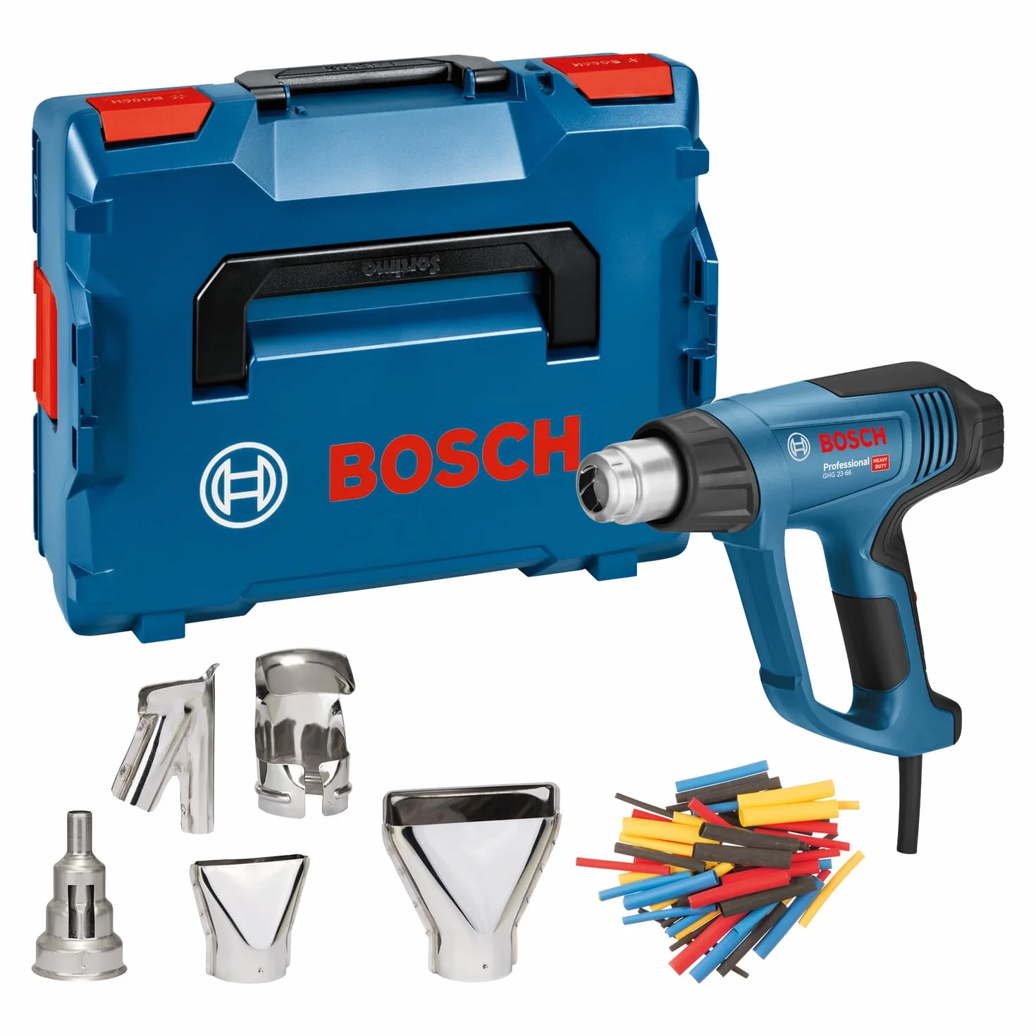Bosch Professional: opalarka GHG 23-66 (temperatura do 650°C, 4 programy pracy z możliwością personalizacji, dysze, zestaw koszulek termokurczliwych, walizka L-BOXX)
