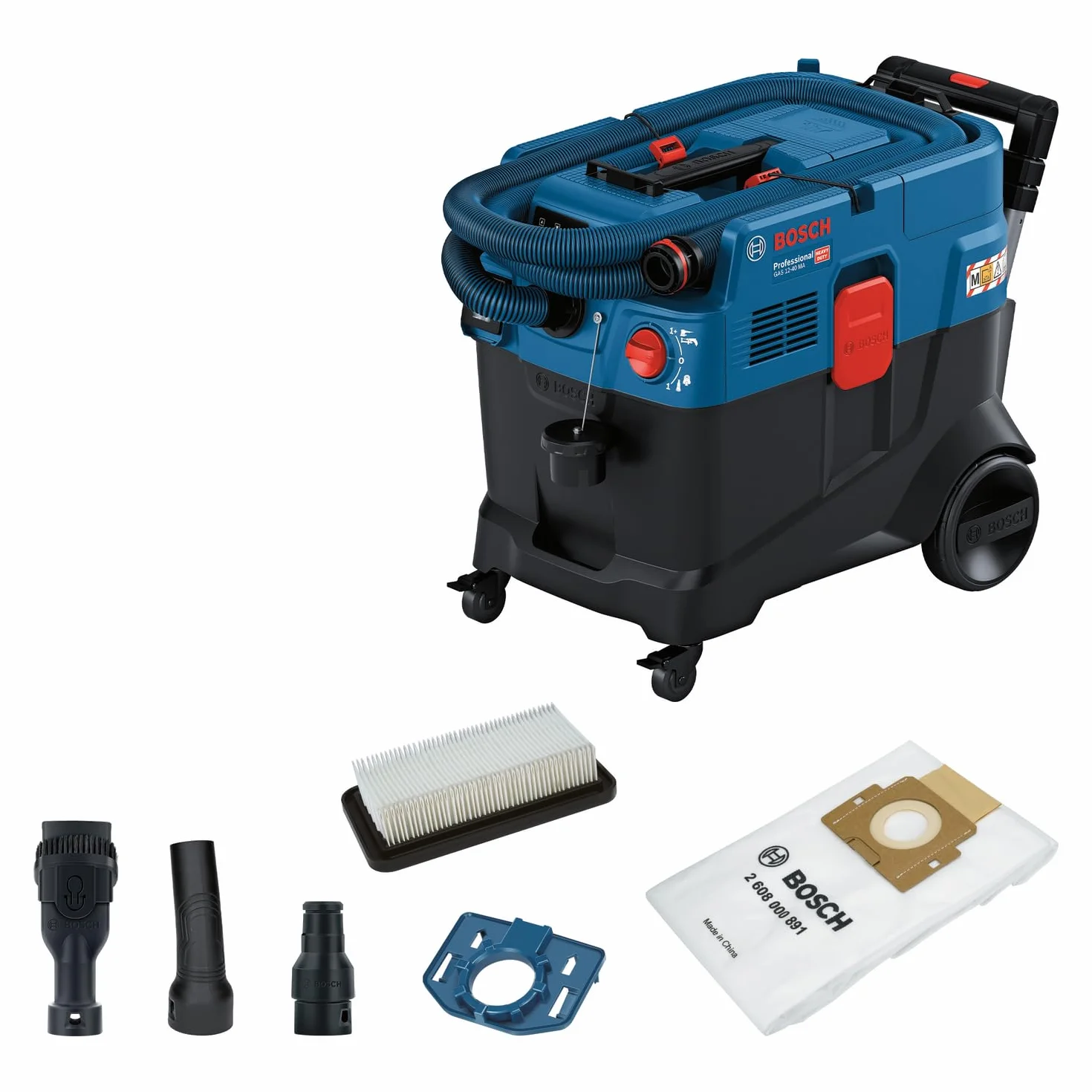 Bosch Professional: odkurzacz uniwersalny GAS 12-40 MA (moc 1200 W, automatyczne oczyszczanie filtra (AFC), filtr główny, wąż, adapter kombi do elektronarzędzia, szczotka kombi)