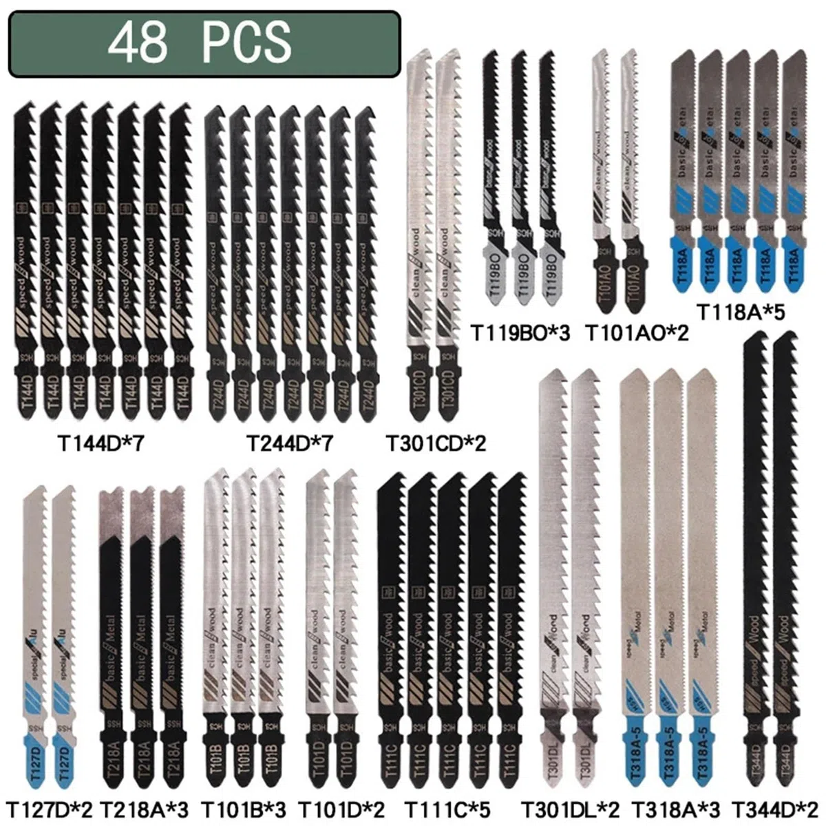 10/20/35/48Pcs T-Shaft Jigsaw Blades HCS Assorted Jig Saw Blades For Wood Plastic Metal Cutting T119B T111C T218A T118A T118B(48 pcs)