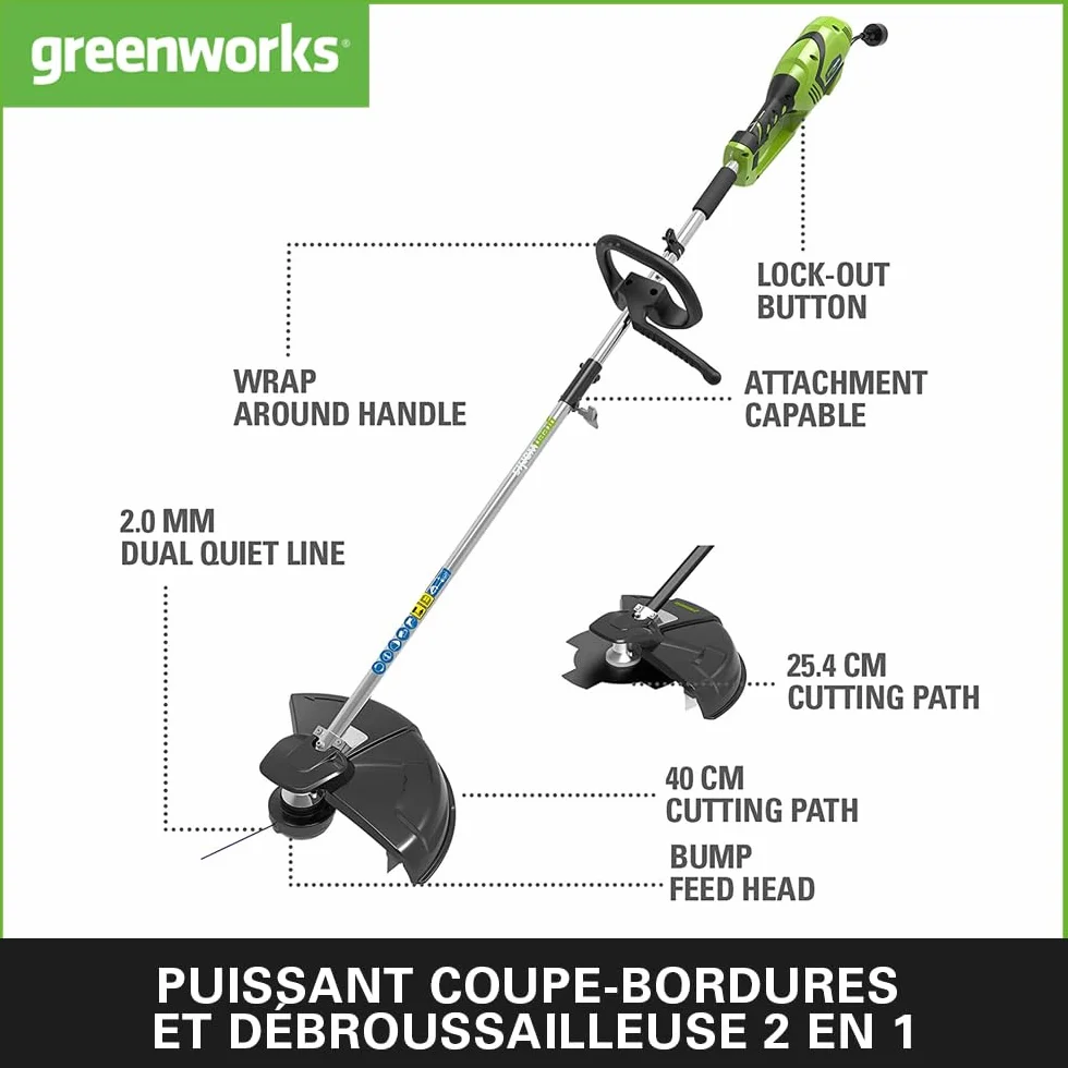 Greenworks Podkaszarka elektryczna 2w1 GST1246 (AC Electric 230V moc silnika 1200W szerokość koszenia 40cm żyłka tnąca 2mm 5500 obr/min regulowany dodatkowy uchwyt półautomatyczna szpula żyłki)
