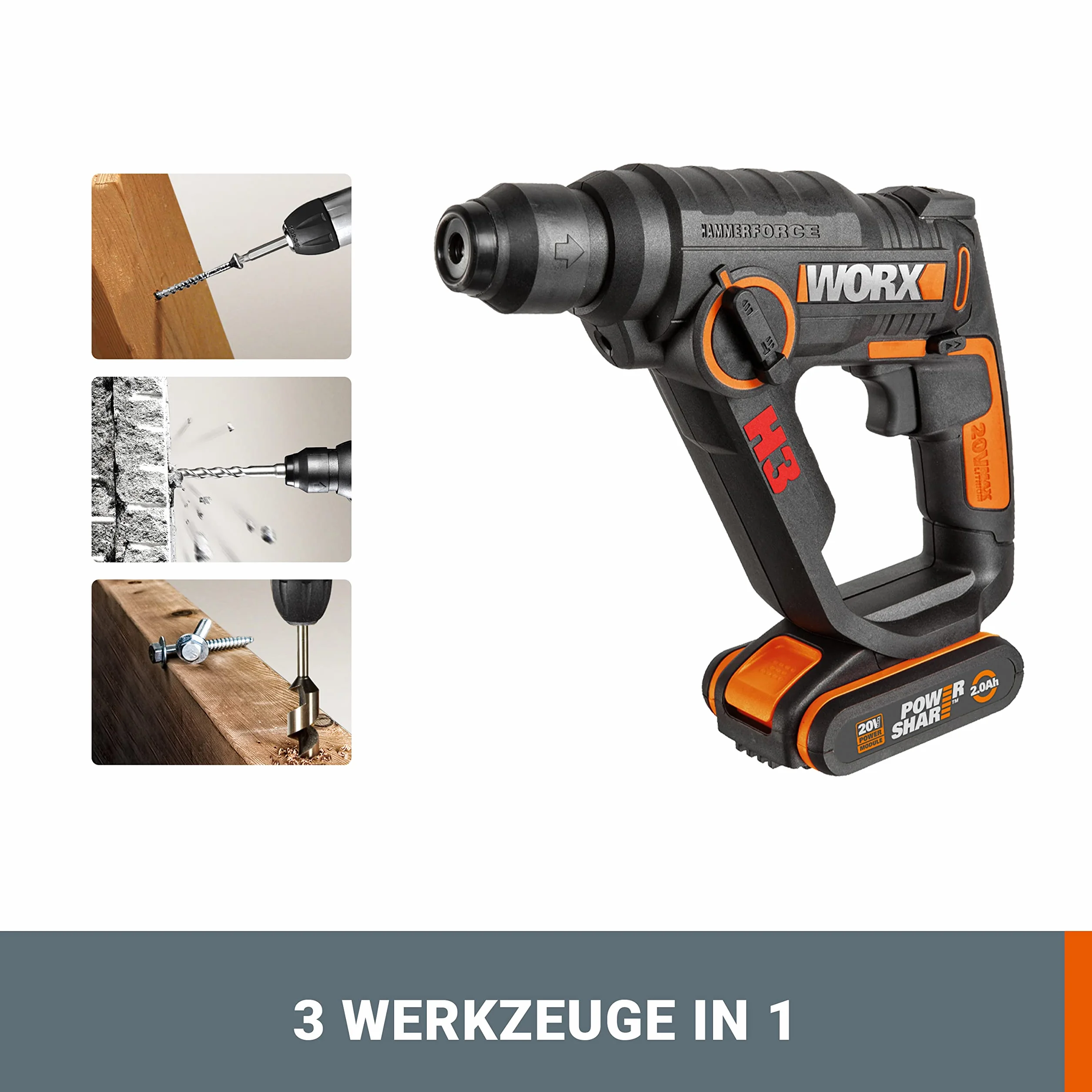WORX WX390 SDS-plus młot udarowo-obrotowy – 20 V wiertarka z pneumatycznym mechanizmem młotkowym do wkręcania, wiercenia i młotkowania – energia uderzenia 1,2 J – z akumulatorem litowo-jonowym 2,0 Ah,