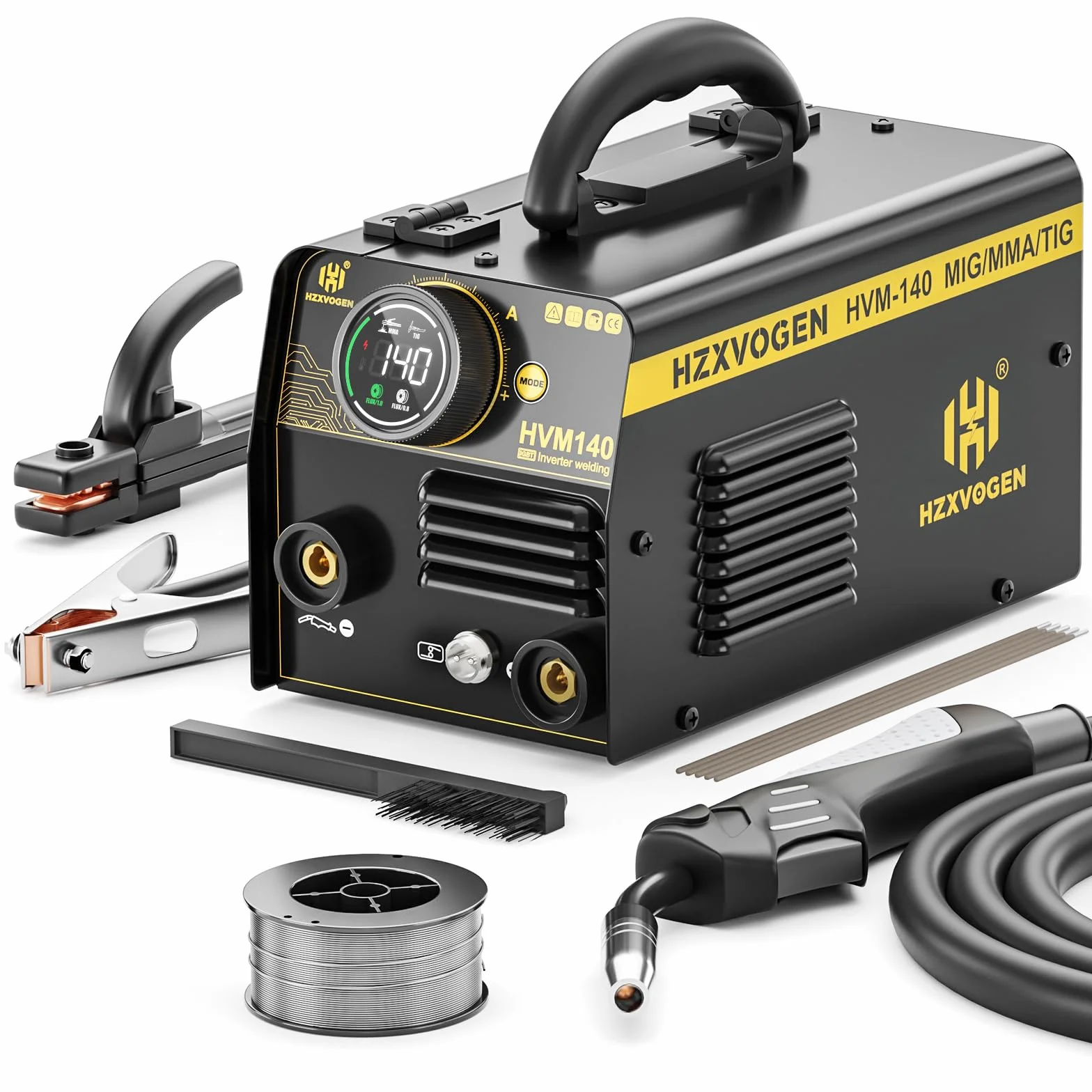 H HZXVOGEN Spawarka MIG 140A, 230V, spawarka rdzeniowa MIG/Lift TIG/Stick 3 w 1 z funkcją synergii, przenośna spawarka MIG bez gazu z inwertorem IGBT. Spawarka MIG dla początkujących (HVM140)