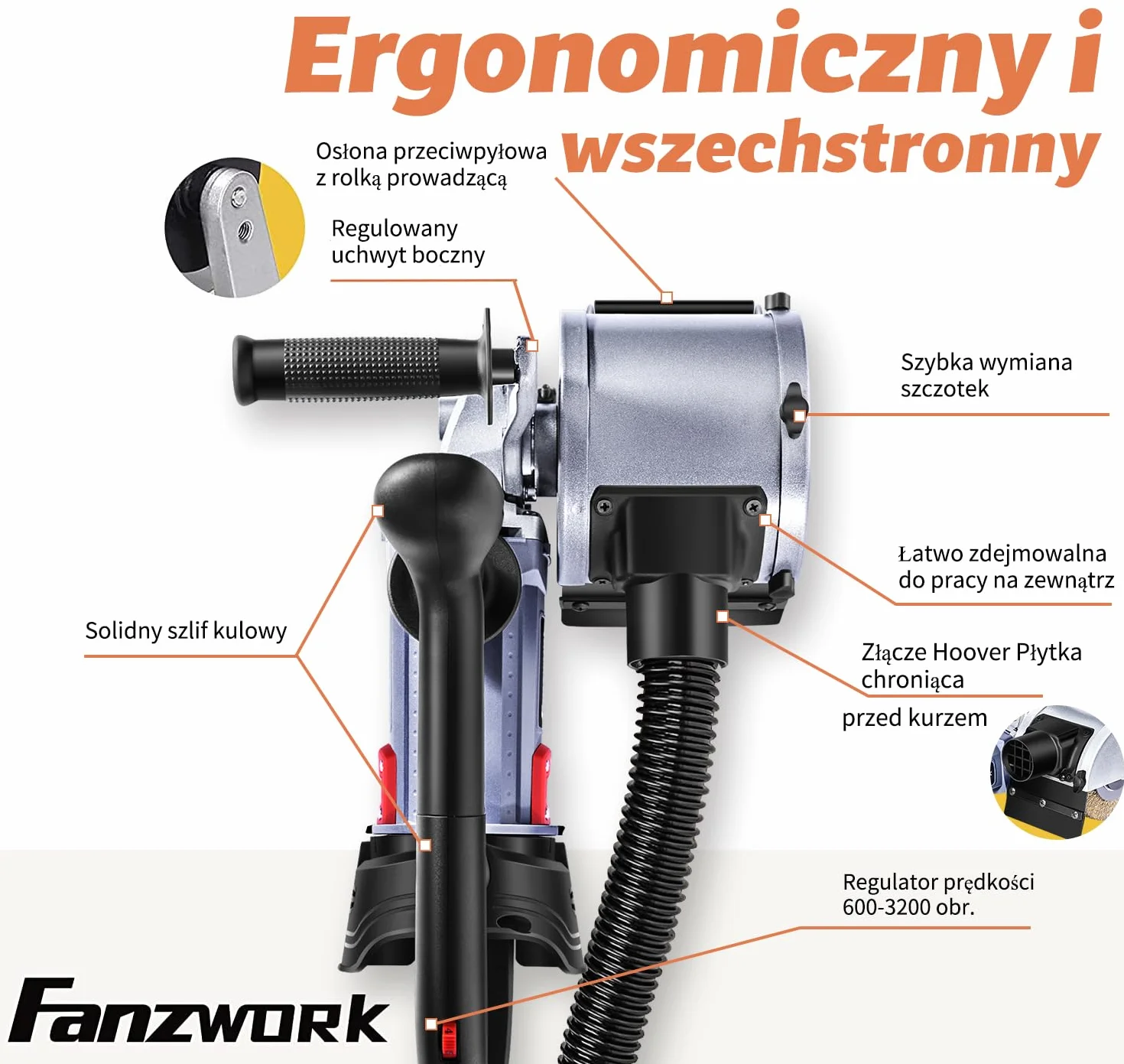 FANZWORK V2 1500 W Szlifierka szczotkowa satynowa do renowacji powierzchni z odkurzaczem