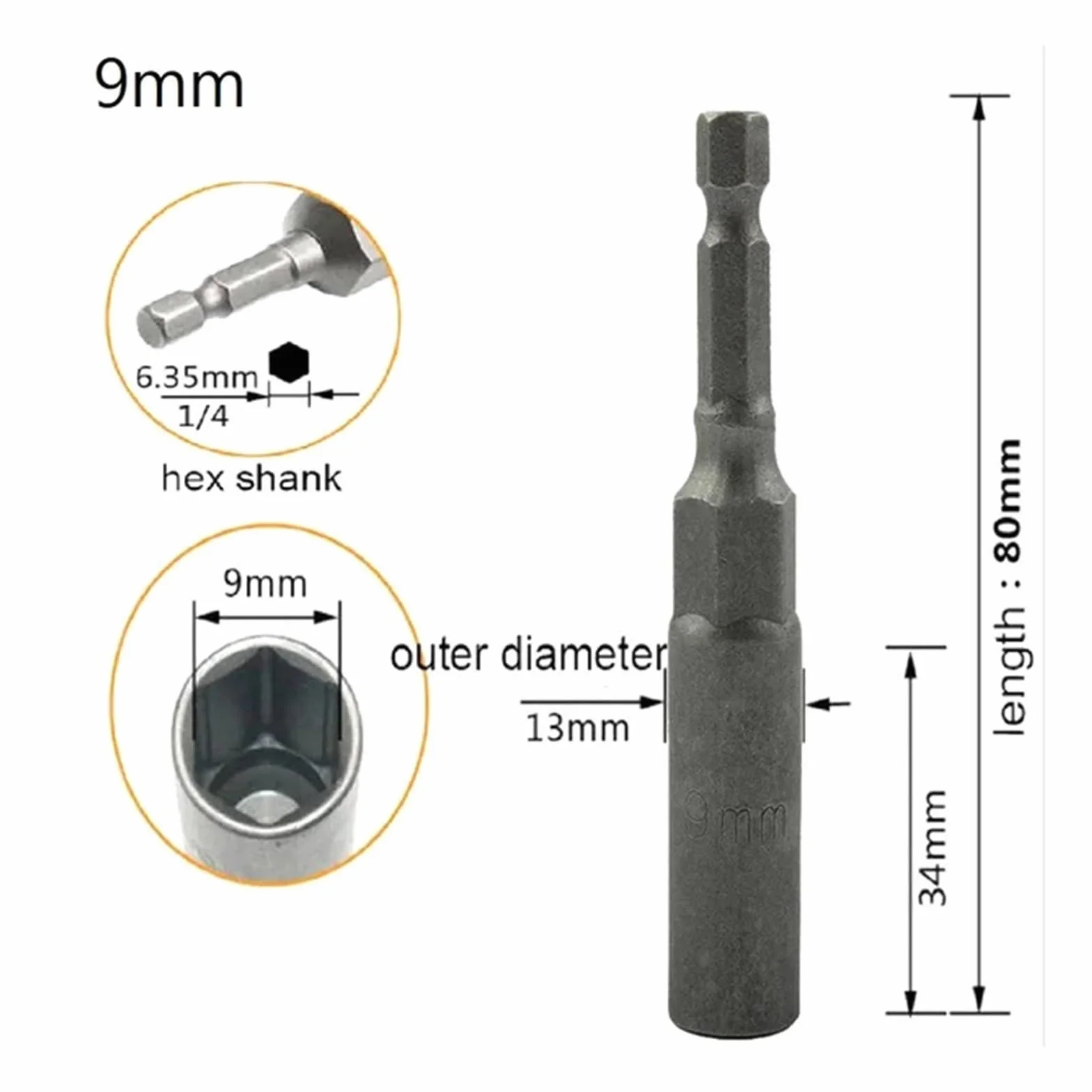 80mm Length 1/4" Hex Hex Sockets Drive Magne Socket Impact Nut Bolt Drill Bit Screwdrivers Bits Tool Parts(9mm)