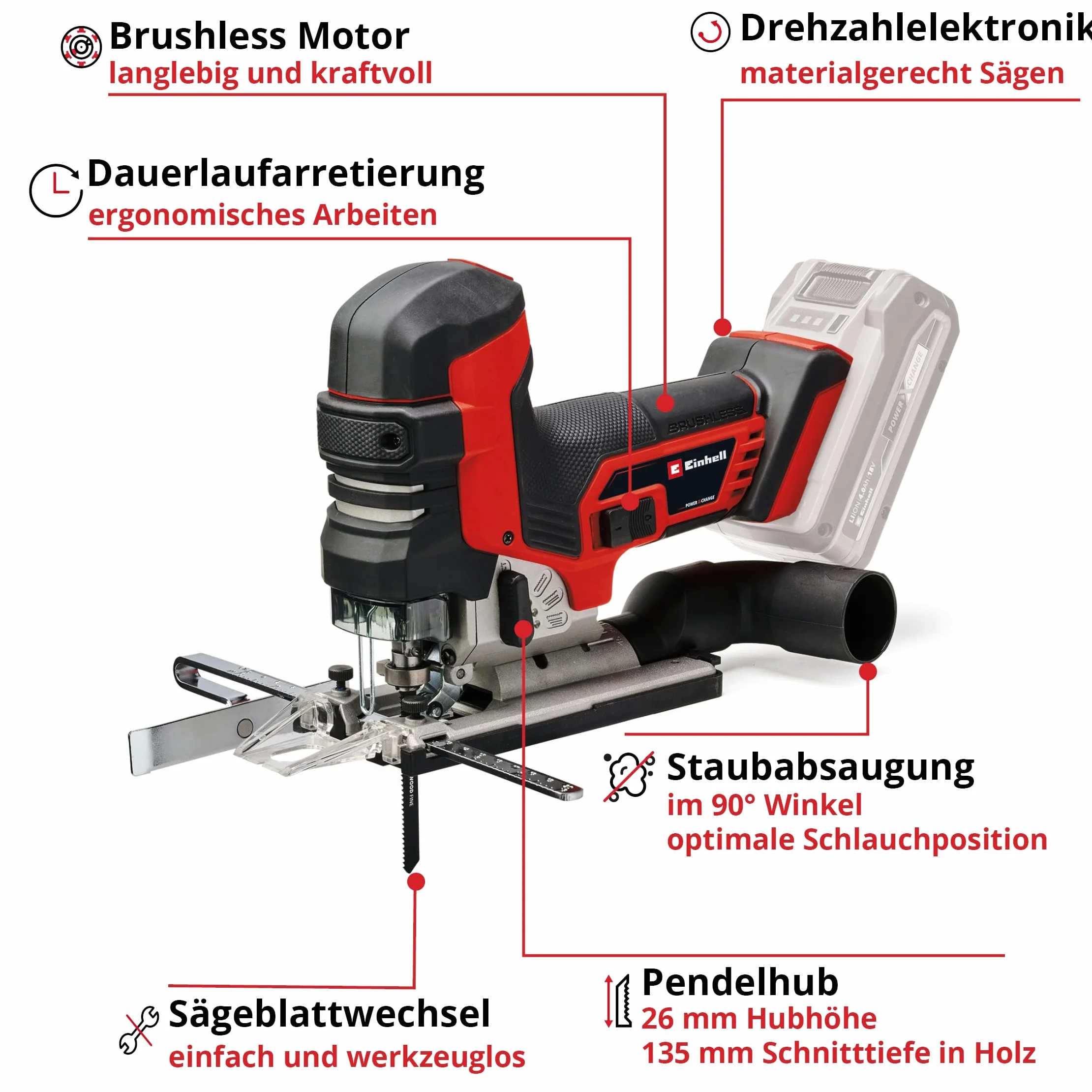 Einhell Power X-Change akumulatorowa wyrzynarka – silnik bezszczotkowy 18 V, głębokość cięcia 135 mm, długość skoku 26 mm, profesjonalna elektryczna piła wyrzynarkowa TP-JST 18/135 Li z 3 ostrzami