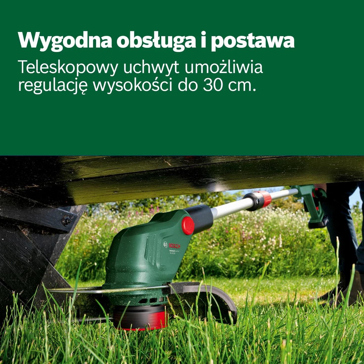 Bosch: akumulatorowa podkaszarka do trawy UniversalGrassCut 18V-26-500 (do podkaszania w poziomie i pionie, czas ładowania: 65 min, średnica cięcia: 26 cm, system 18V, z akumulatorem i ładowarką)