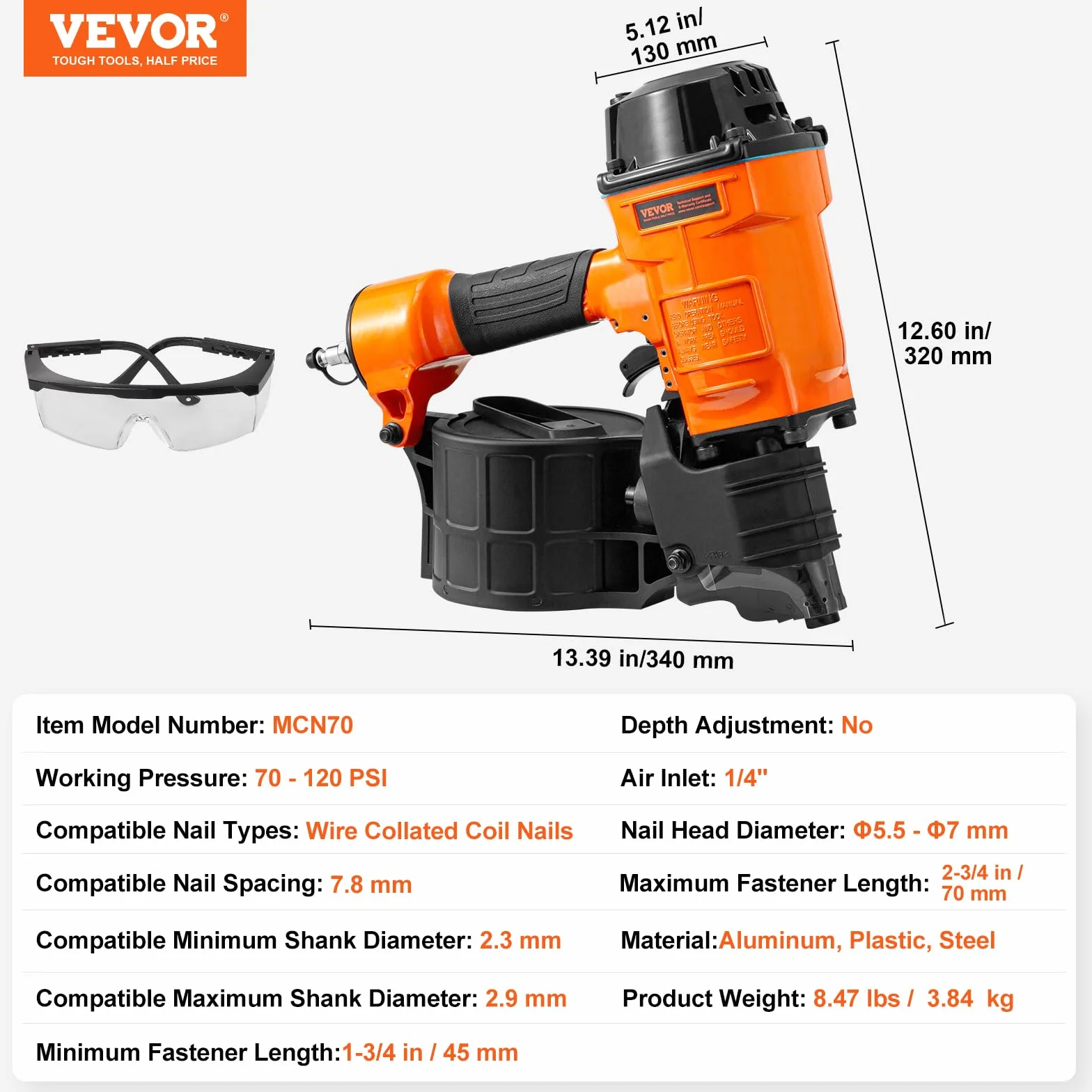 VEVOR Gwoździarka pneumatyczna, 45-70 mm, gwoździarka pneumatyczna 15°, MCN70, 70-120 PSI, głowica gwoździa Φ5,5 - Φ7 mm, pistolet do gwoździ do palet, skrzynek, ram, okładzin, ogrodzeń