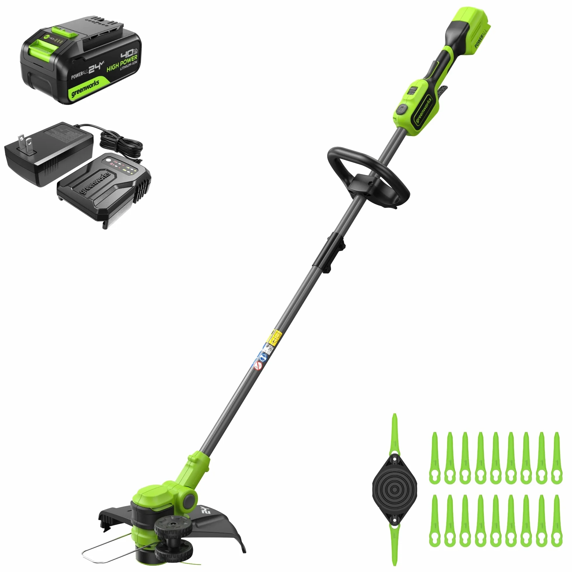 Greenworks Podkaszarka do trawy 24 V z akumulatorem, szerokość cięcia 33 cm, obracana o 90°, w zestawie szpula żyłki i 20 ostrzy z tworzywa sztucznego, w zestawie 4,0 Ah i ładowarka, akumulatorowa