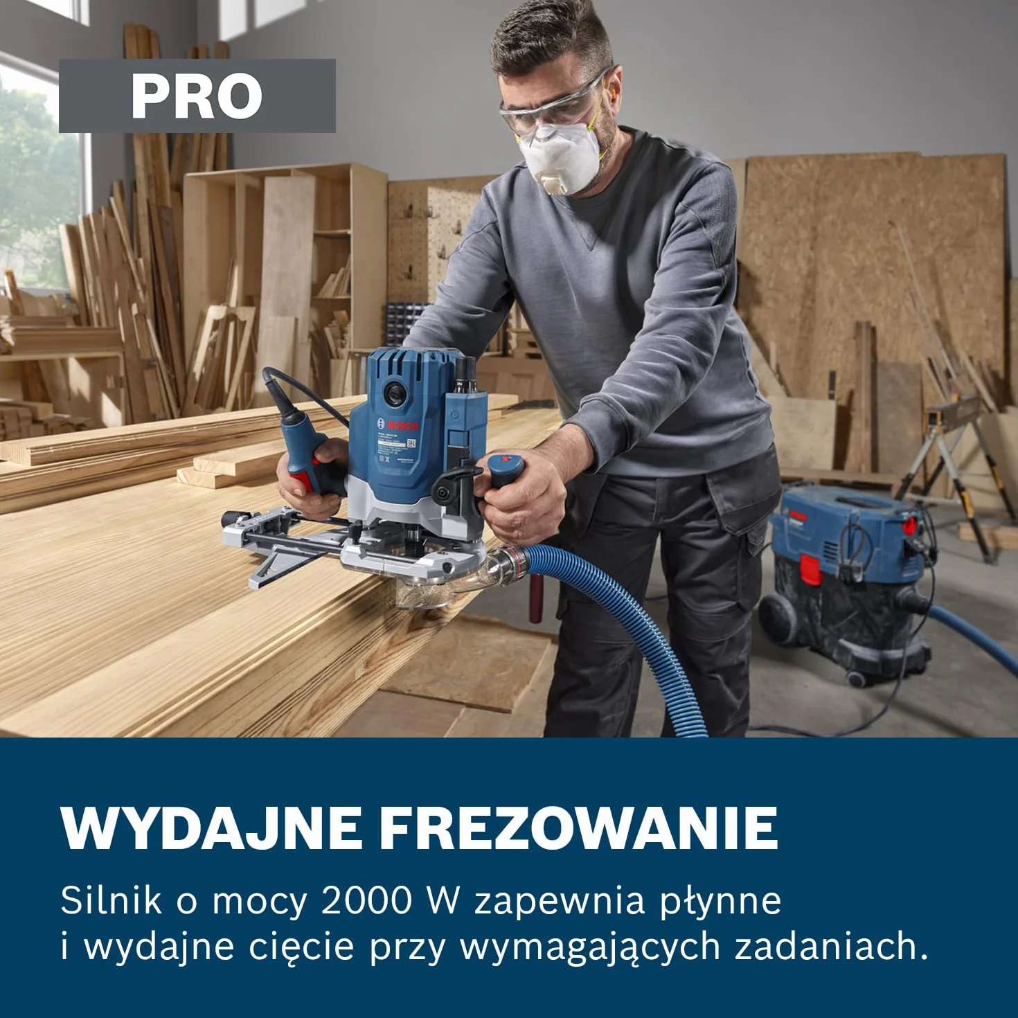 Bosch Professional Sieciowa frezarka górnowrzecionowa GOF 20-12 (moc nominalna 2 000 W, adapter do odsysania pyłu, prowadnica rolkowa i równoległa, zestaw tulei)
