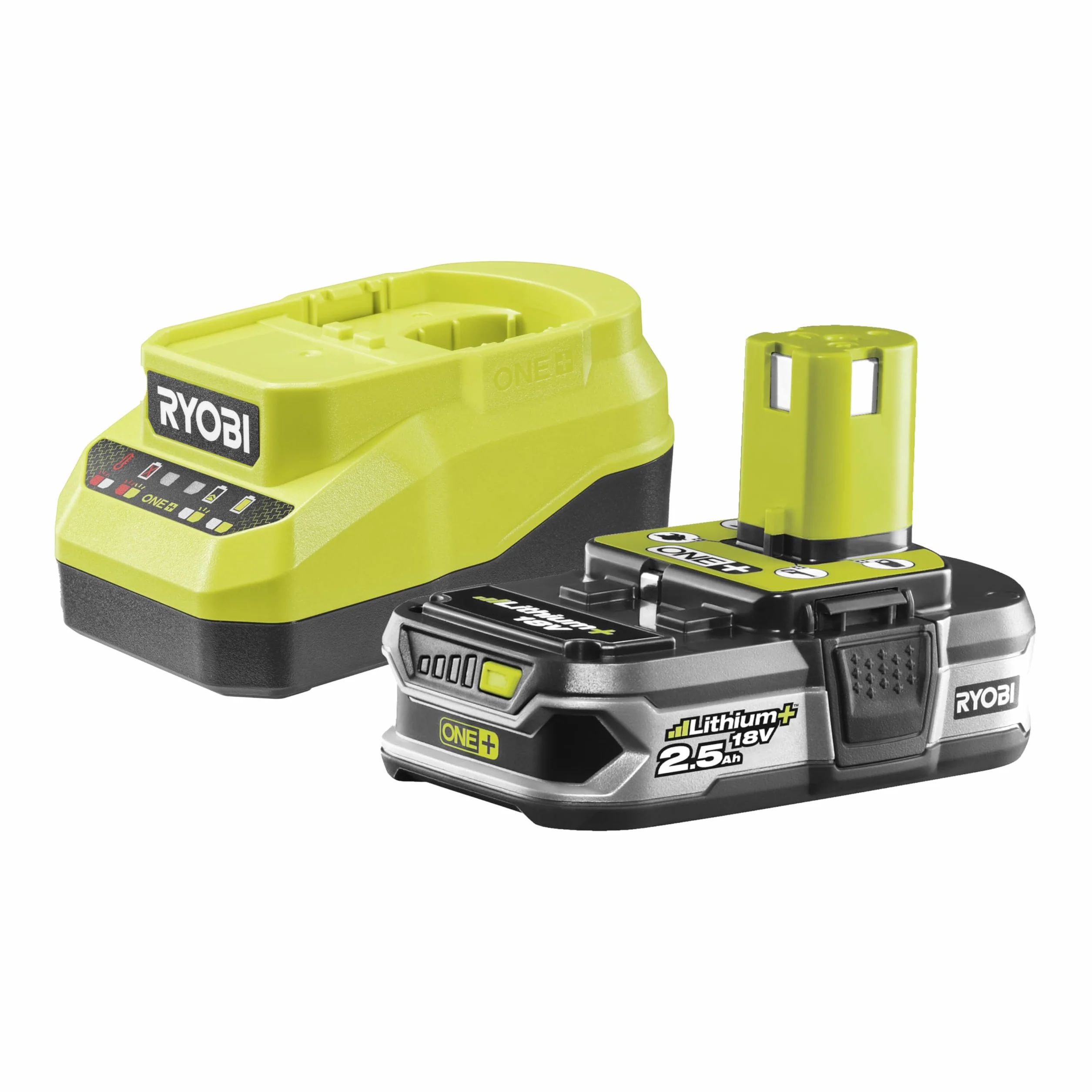 RYOBI Zestaw szybkiej ładowarki 18 V 2,0 A + akumulator litowy + 2,5Ah ONE+ RC18120A-125-75 min ładowanie, wskaźnik 4 diod LED, ogniwa o dużej pojemności, ochrona przed wstrząsami