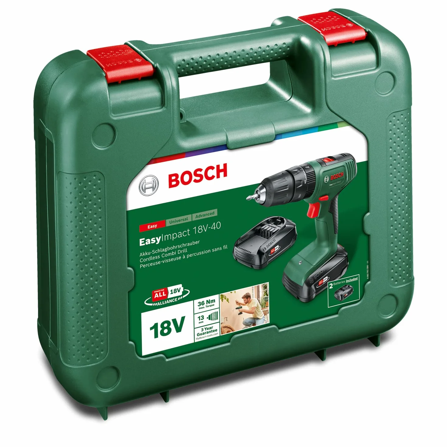 Bosch Home and Garden Akumulatorowa Wiertarka Udarowa Bosch EasyImpact 18V-40, 2 Akumulatory 2 Ah, System 18V, Walizka