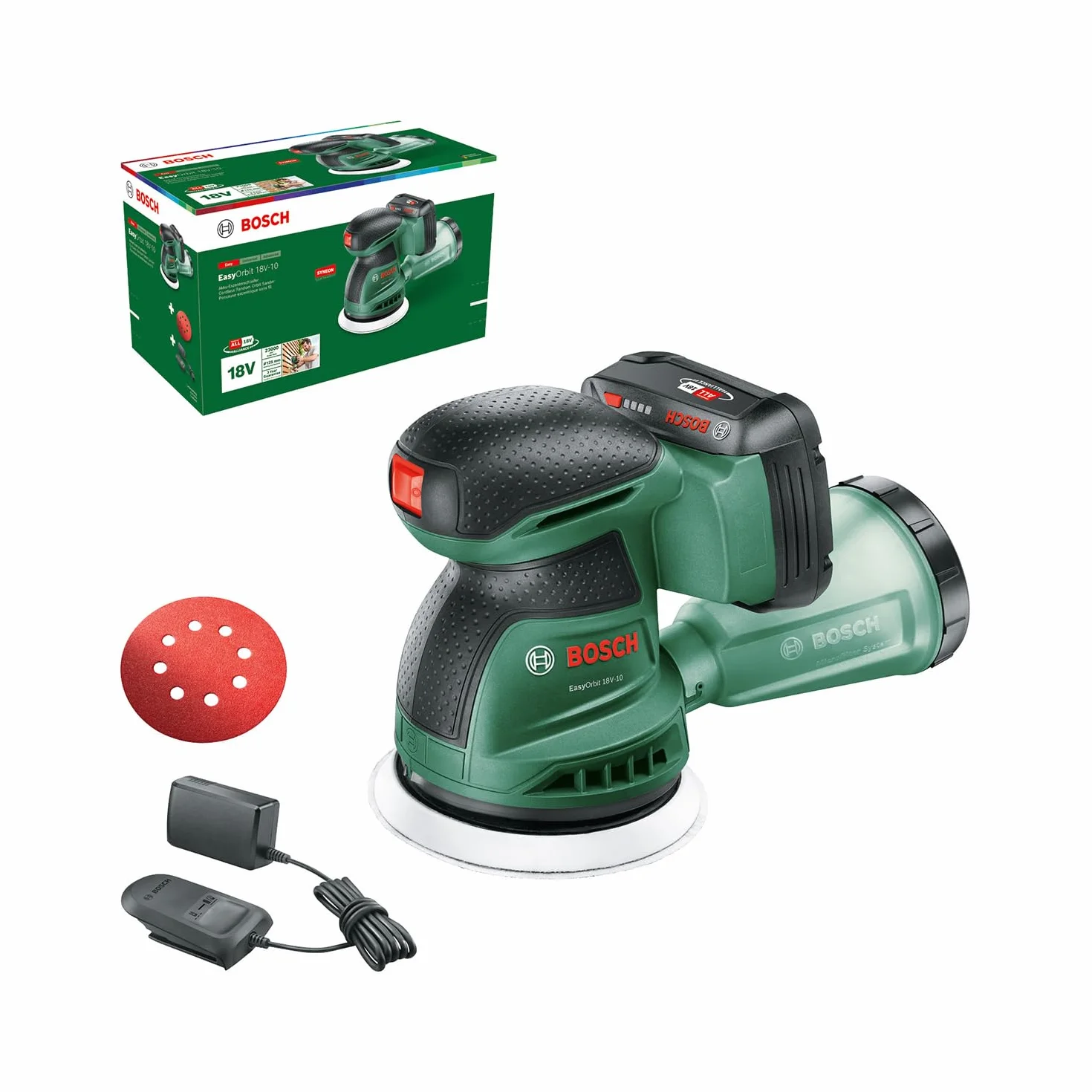 Bosch Akumulatorowa szlifierka mimośrodowa EasyOrbit 18V-10 (szlifowanie małych i średnich powierzchni drewnianych, lazurowanych i malowanych, średnica: 125 mm, akumulator 2,0 Ah i ładowarka)