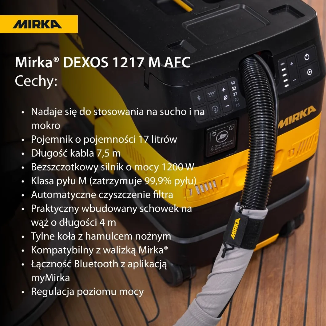 MIRKA DEXOS 1217 AFC - odkurzacz przemysłowy klasy M z automatycznym systemem czyszczenia i wężem 4 m - do szlifierek i warsztatów
