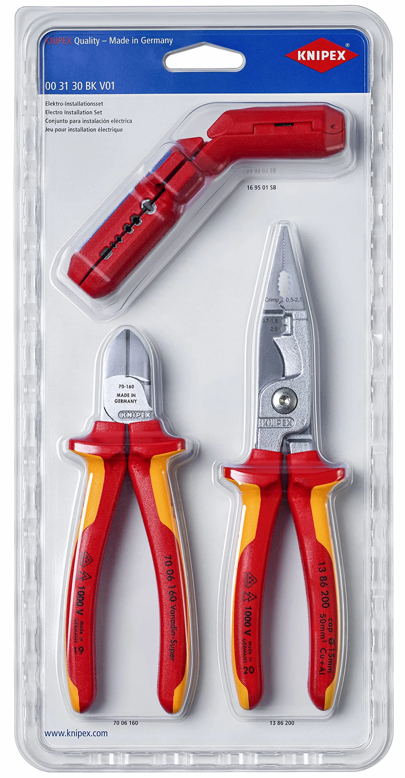 KNIPEX Zestaw narzędzi do prac elektroinstalacyjnych 1 x 13 86 200, 1 x 16 95 01 SB, 1 x 70 06 160 w blister, 00 31 30 BK V01