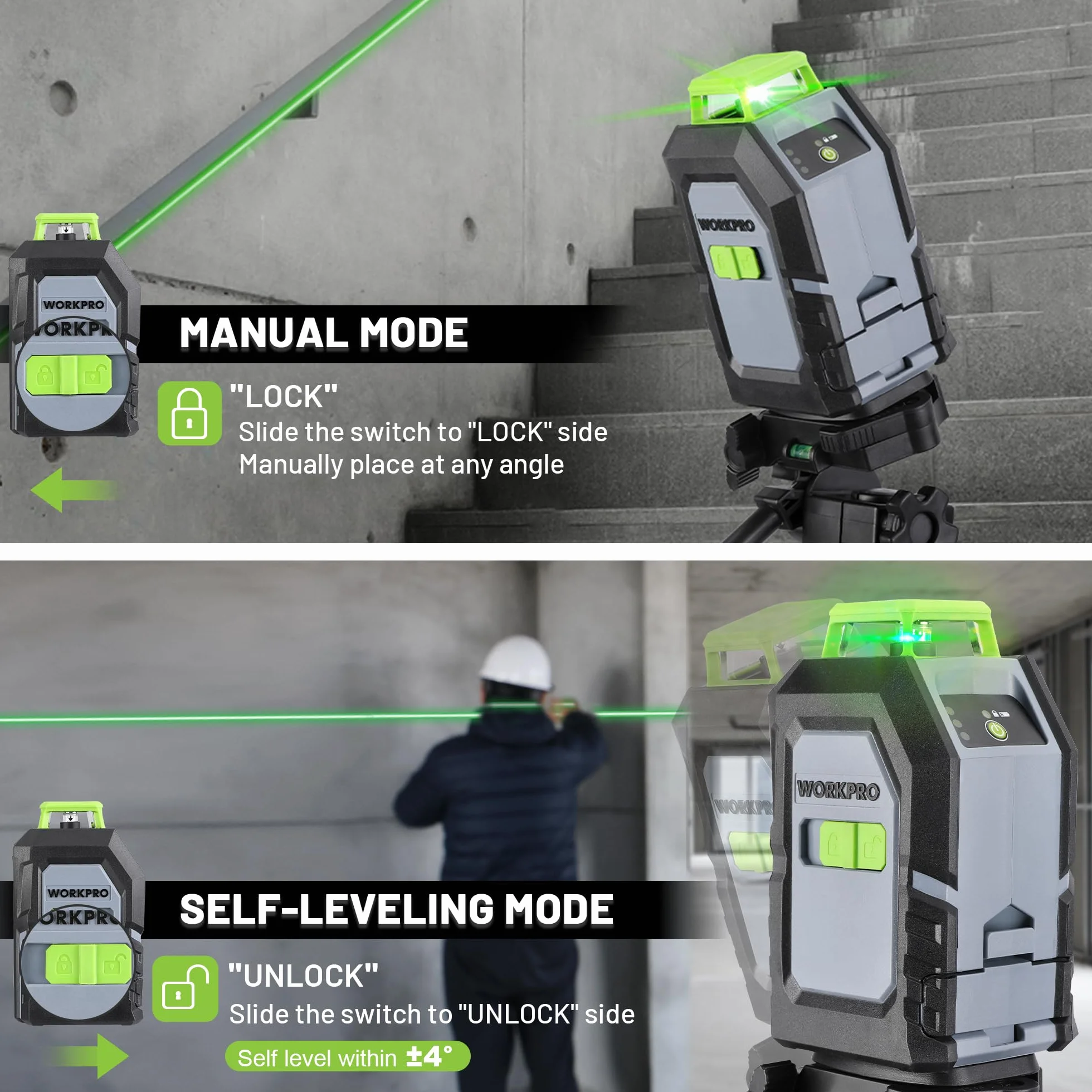 WORKPRO Poziomica Laserowa 360° z Statywem, Zielony Laser Krzyżowy 30 m, Tryb Poziomy/Pionowy/Krzyżowy, Automatyczne Poziomowanie, Idealna Do Placów Budowy