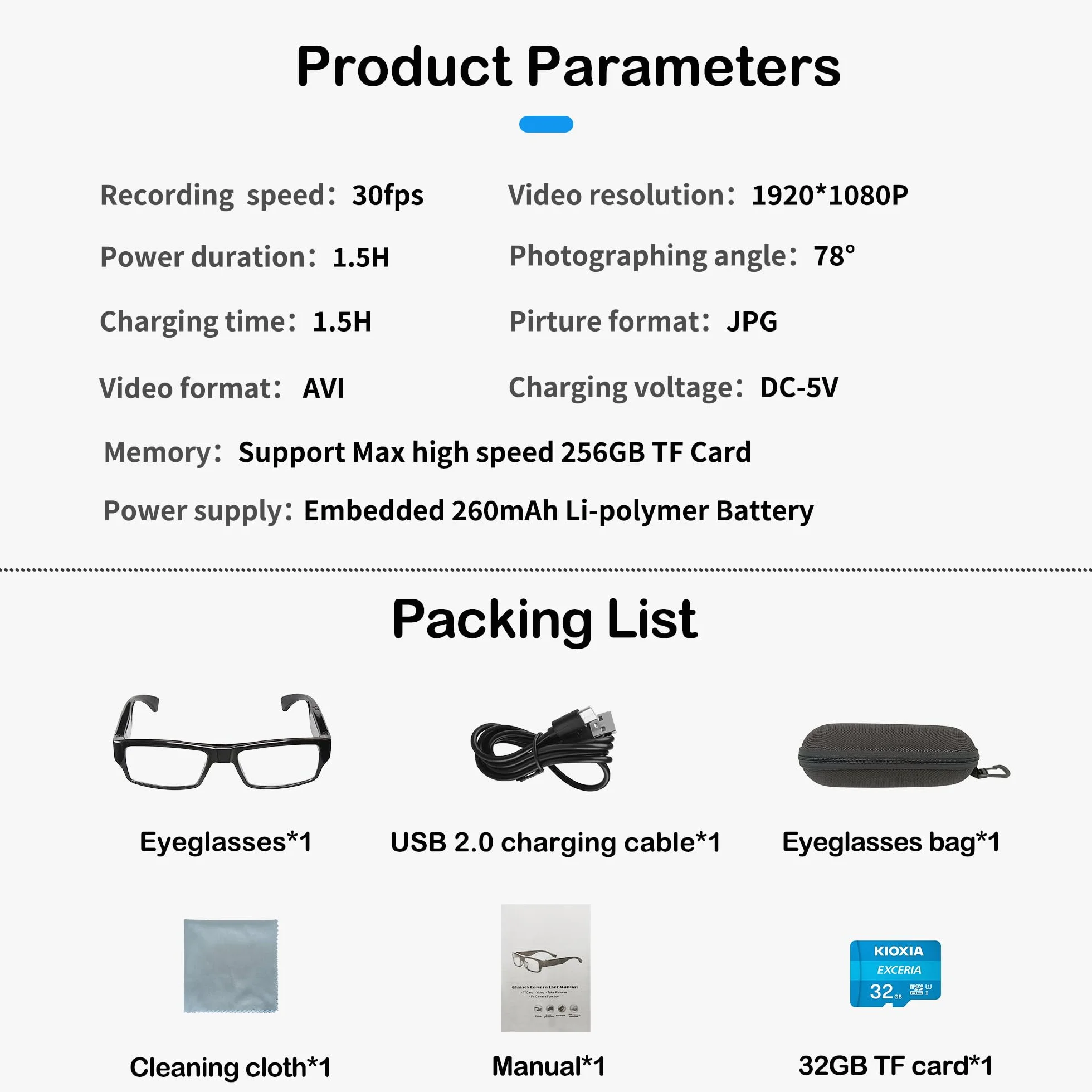 Okulary szpiegowskie z wsparciem wideo, karta TF do 256GB, okulary z kamerą wideo 1080P, przenośny rejestrator wideo (w zestawie karta TF 32GB)