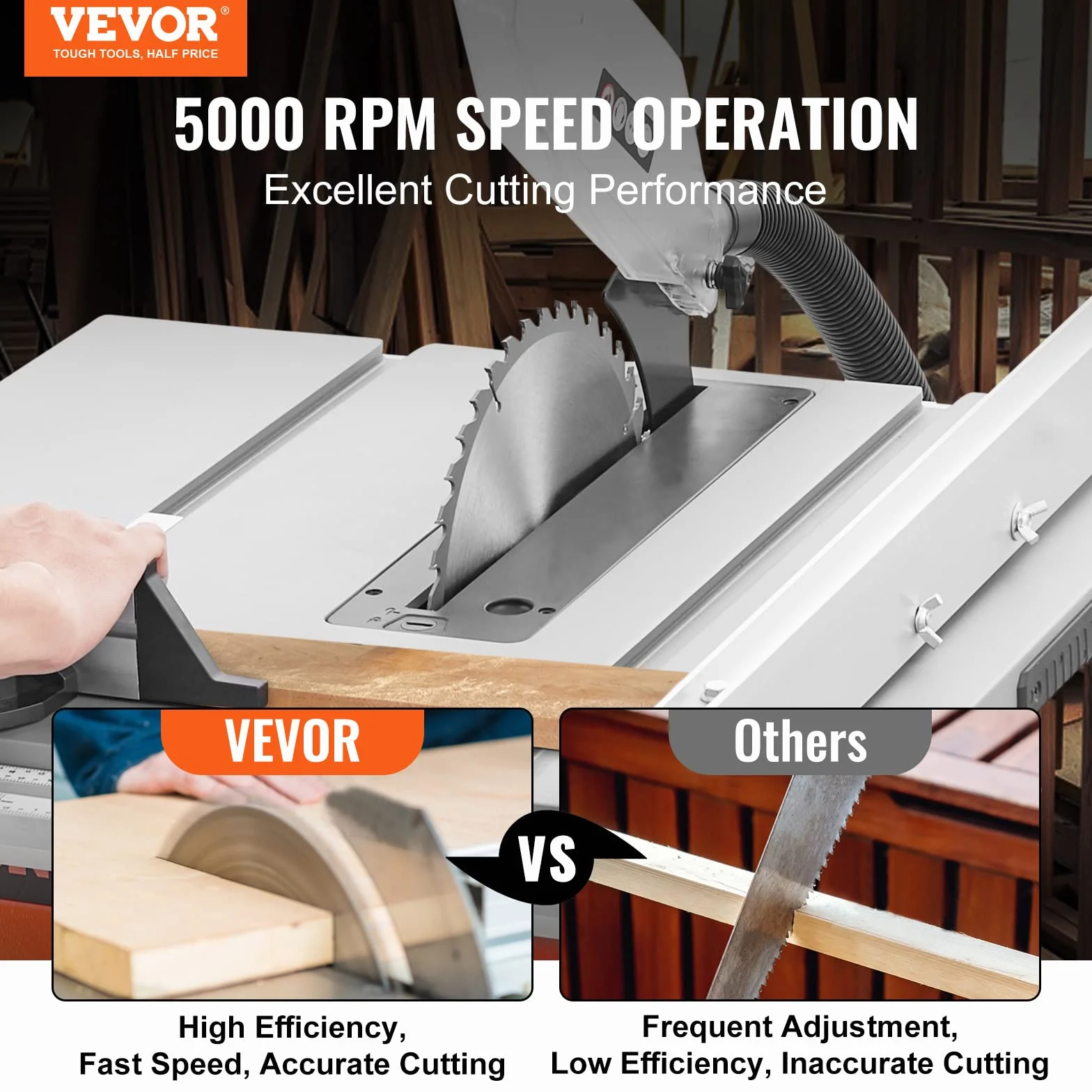 VEVOR Piła stołowa z podstawką 625 mm Piła stołowa Pro 4800 obr./min 1800 W, cięcie poprzeczne 85 mm 90°, cięcie skokowe 55 mm 45°, do cięcia drewna, stolarki, warsztatu, na zewnątrz