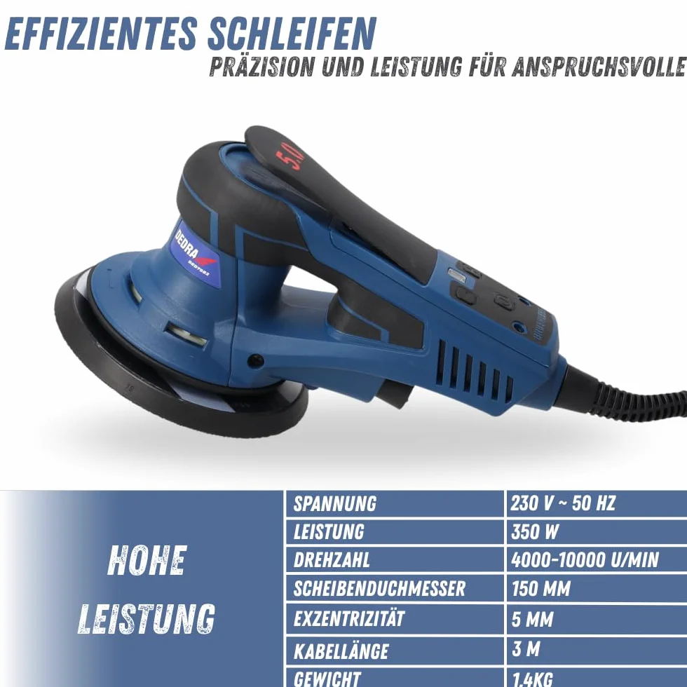 Szlifierka mimośrodowa DEDRA 350 W, Ø 150 mm – bezszczotkowa, regulowana prędkość obrotowa 4000-10000 obr./min, odsysanie pyłu, ergonomiczny design z miękkim uchwytem, w zestawie zestaw akcesoriów