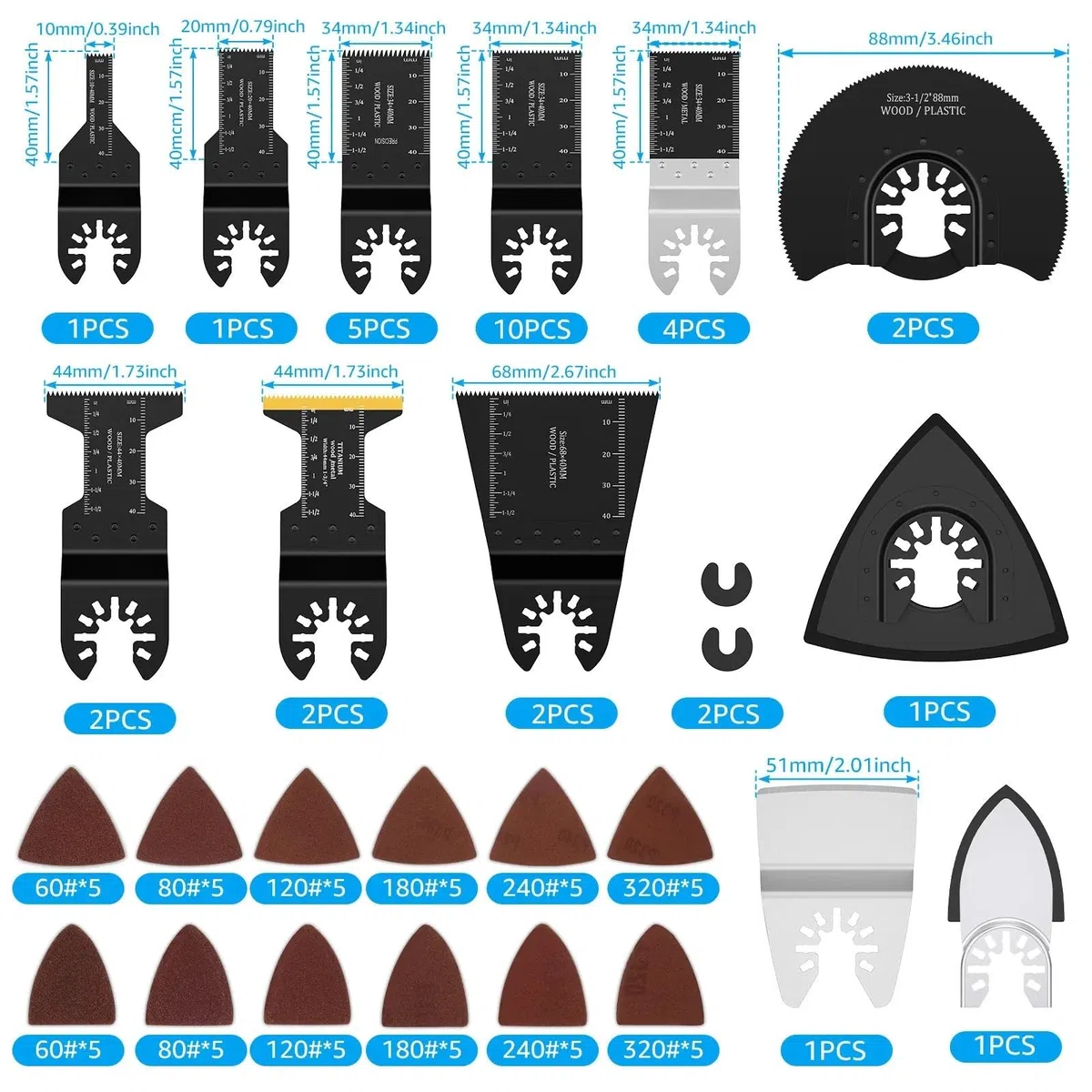 94/72Pcs Multi Cutter Blade Oscillating Blade Quick Change Multi Saw Blade With Sandpaper Metal Wood Cutting Tool(94pcs)